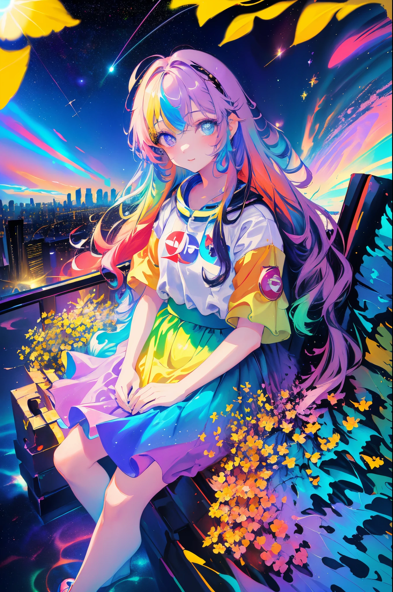 Night view of a big city seen from a high place、sitting in a colorful metropolis、Near Future City、colourfull、Colorful spacesuit、skirt by the、dream-like(Petite and beautiful girl with fine eyes。The depth of field in the photos is perfect、Lens flare added a nice touch。
