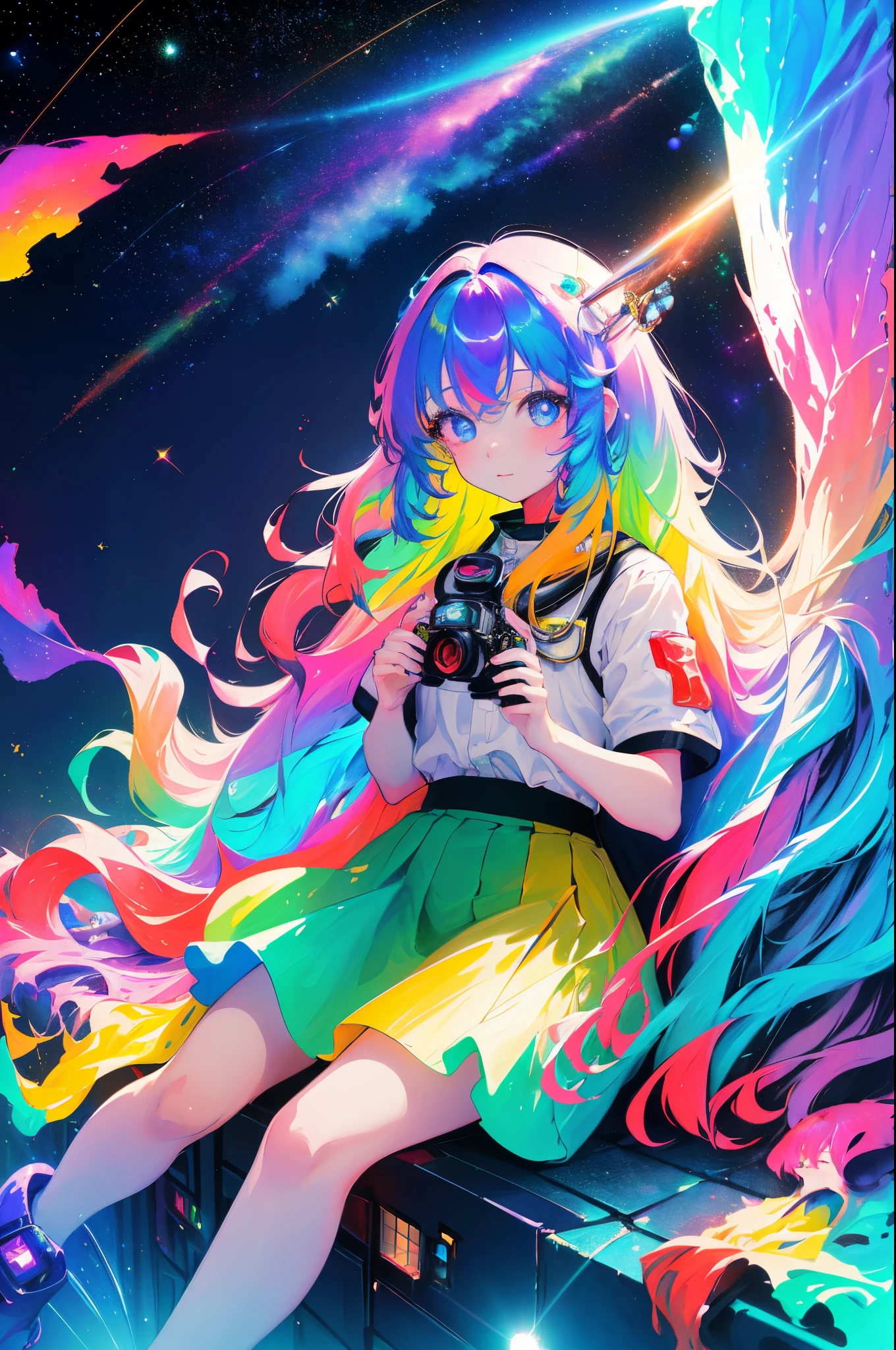Night view of a big city seen from a high place、sitting in a colorful metropolis、Near Future City、colourfull、Colorful spacesuit、skirt by the、dream-like(Petite and beautiful girl with fine eyes。The depth of field in the photos is perfect、Lens flare added a nice touch。