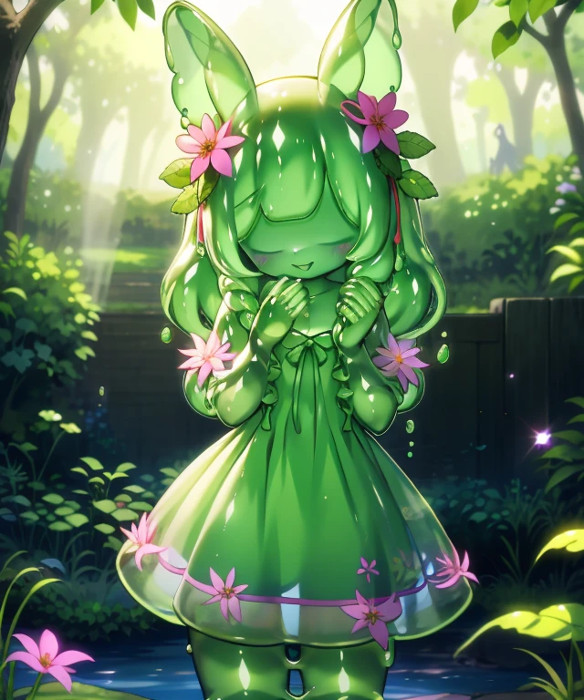 Fluffy slug girl,Green body, Transparent,bunny ears,green dress,in the woods, A sea of flowers, Cowboy shot,Smile, hair ornament, looking a viewer, One hand up, tilt of head