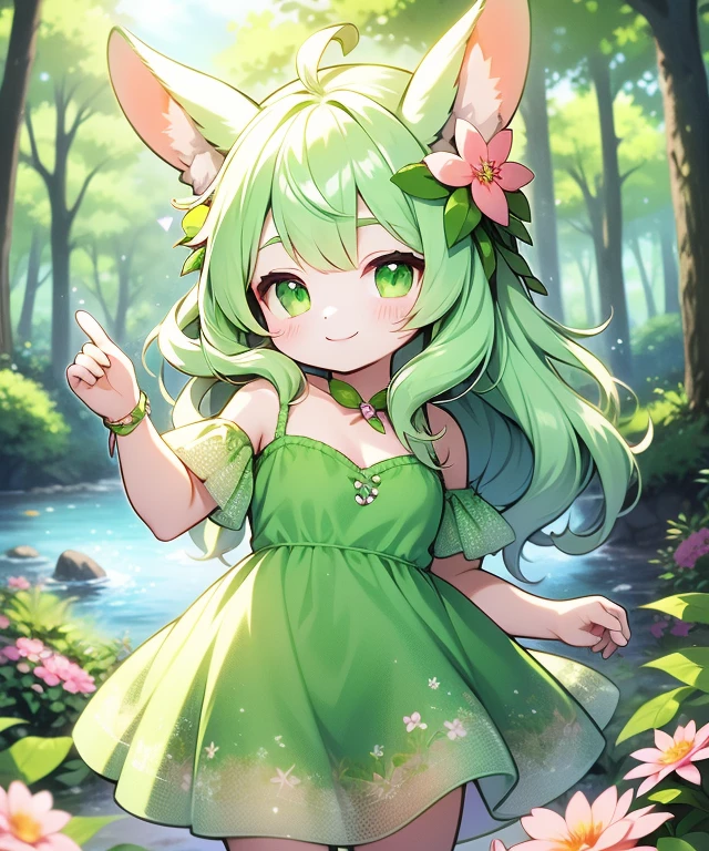 The leaves of trees and plants are folded over and over again, beautifully photosynthesizing, and the guardian goddess, who is the incarnation of flowers, emits mysterious power and emits a happy light.The clothes made of large leaves are divine, and are thin overall. greenish