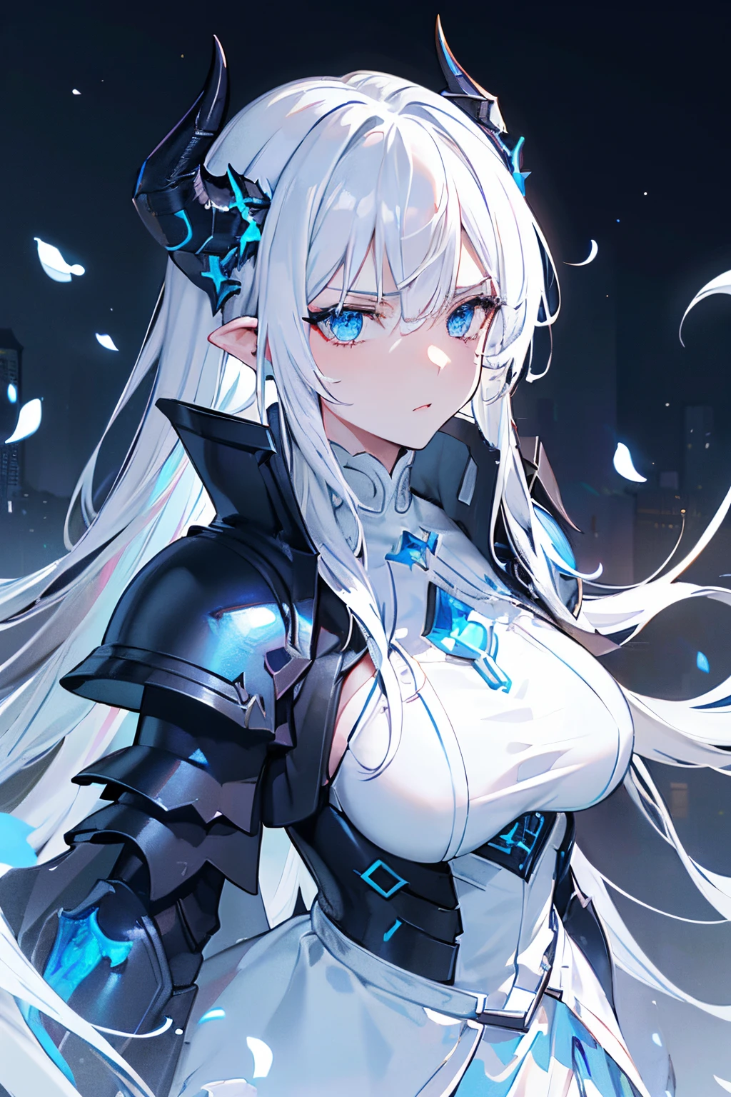 masterpiece, best quality,
1girl, (colorful),(finely detailed beautiful eyes and detailed face),cinematic lighting,bust shot,extremely detailed CG unity 8k wallpaper,white hair,solo,serious,intricate skirt,((flying petal)),(Flowery meadow)
sky, cloudy_sky, building, moonlight, moon, night, (dark theme:1.8), dark fantasy, ((Light Skin)) ((Blue Eyes)) ((Blue Horns)) (((Black Armor))) (((Dragon Girl))) ((Ice Magic))) (((White Hair))) Best Res, High Res, Absurd Res ((Elden Ring)) (((Best Face))) ((Mature, Rageful, hateful expression))