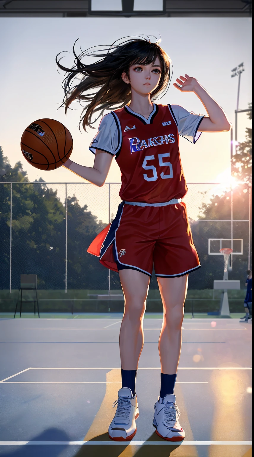 (8k, Best Quality, Masterpiece: 1.2), (Realistic, Realistic: 1.37), Ultra Detailed, Best Quality, Ultra High Resolution, Professional Lighting, Photon Mapping, Radiosity, Physically Based Rendering, Cinematic Lighting, Basketball court, depth of field, clear focus, sunlight, good composition, (bokeh: 1.2) 1girl, solo, (full body), (closed mouth), beautiful and detailed eyes, pose, narrow waist, basketball uniform, black hair , messy hair, long hair blowing in the wind, (ulzzang-6500:1.2) mix4, hiqcgbody
