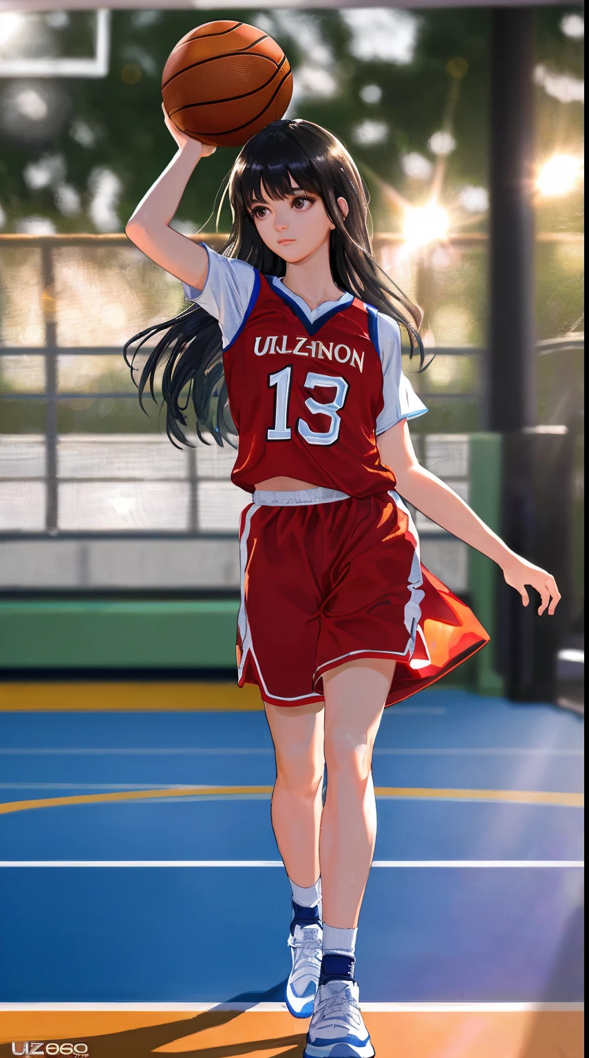 (8k, Best Quality, Masterpiece: 1.2), (Realistic, Realistic: 1.37), Ultra Detailed, Best Quality, Ultra High Resolution, Professional Lighting, Photon Mapping, Radiosity, Physically Based Rendering, Cinematic Lighting, Basketball court, depth of field, clear focus, sunlight, good composition, (bokeh: 1.2) 1girl, solo, (full body), (closed mouth), beautiful and detailed eyes, pose, narrow waist, basketball uniform, black hair , messy hair, long hair blowing in the wind, (ulzzang-6500:1.2) mix4, hiqcgbody