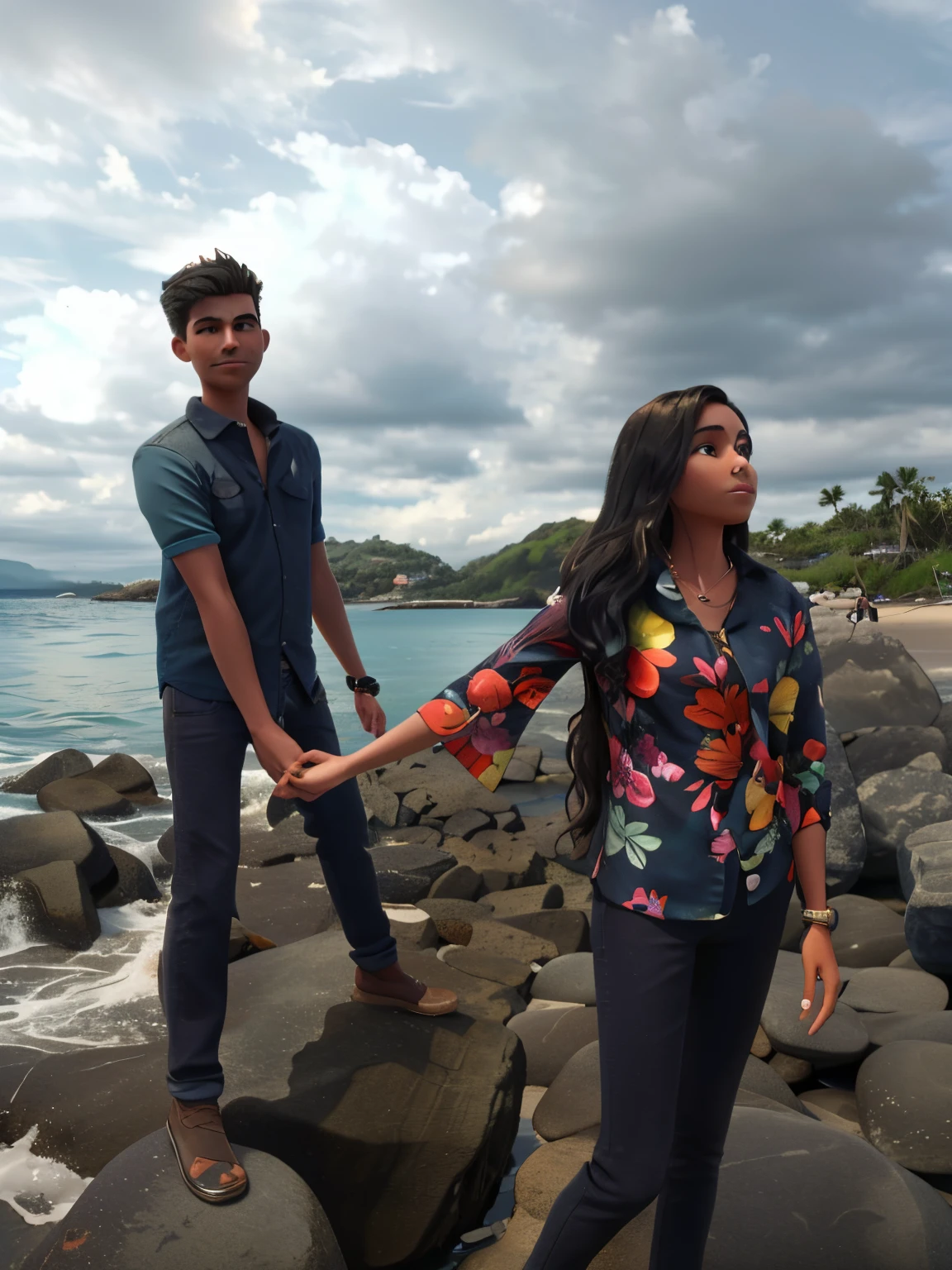 there is a man and woman standing on rocks by the water, near a jetty, posing on a beach with the ocean, the ocean in the background, photoshoot, island in the background, on a rock, stylish pose, photo shoot, by Max Dauthendey, candid picture, candid photography, in a scenic background, standing on a rock, cool pose