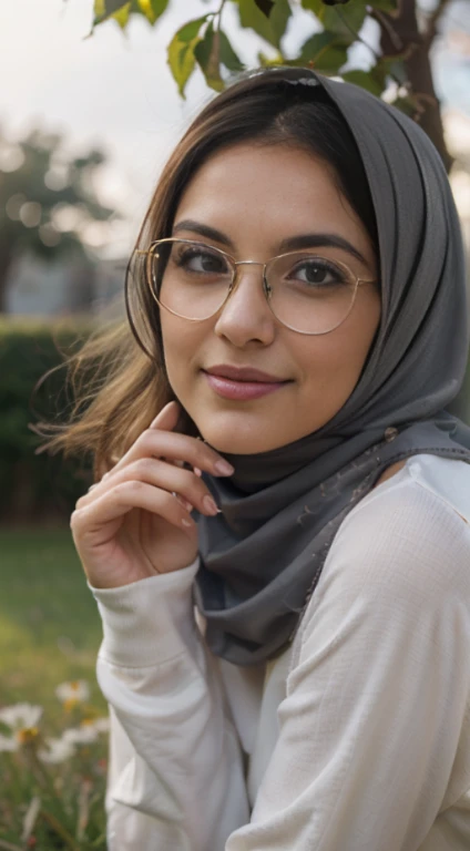 (A woman:1.5), afghani, (wearing long hijab:1.4, long sleeve clothes, classical glasses), (elegant pose:1.4) on grass field with colourful flowers, beautiful detailed eyes, grey blue eyes, beautiful face, peaceful smiles, voluptuous postures, low angle view, seen from below, (extreme close up), sunlight streaming through the leaves, greeney tones, cheerful ambient, colorful atmosphere, vibrant colors, natural beauty, youthful energy