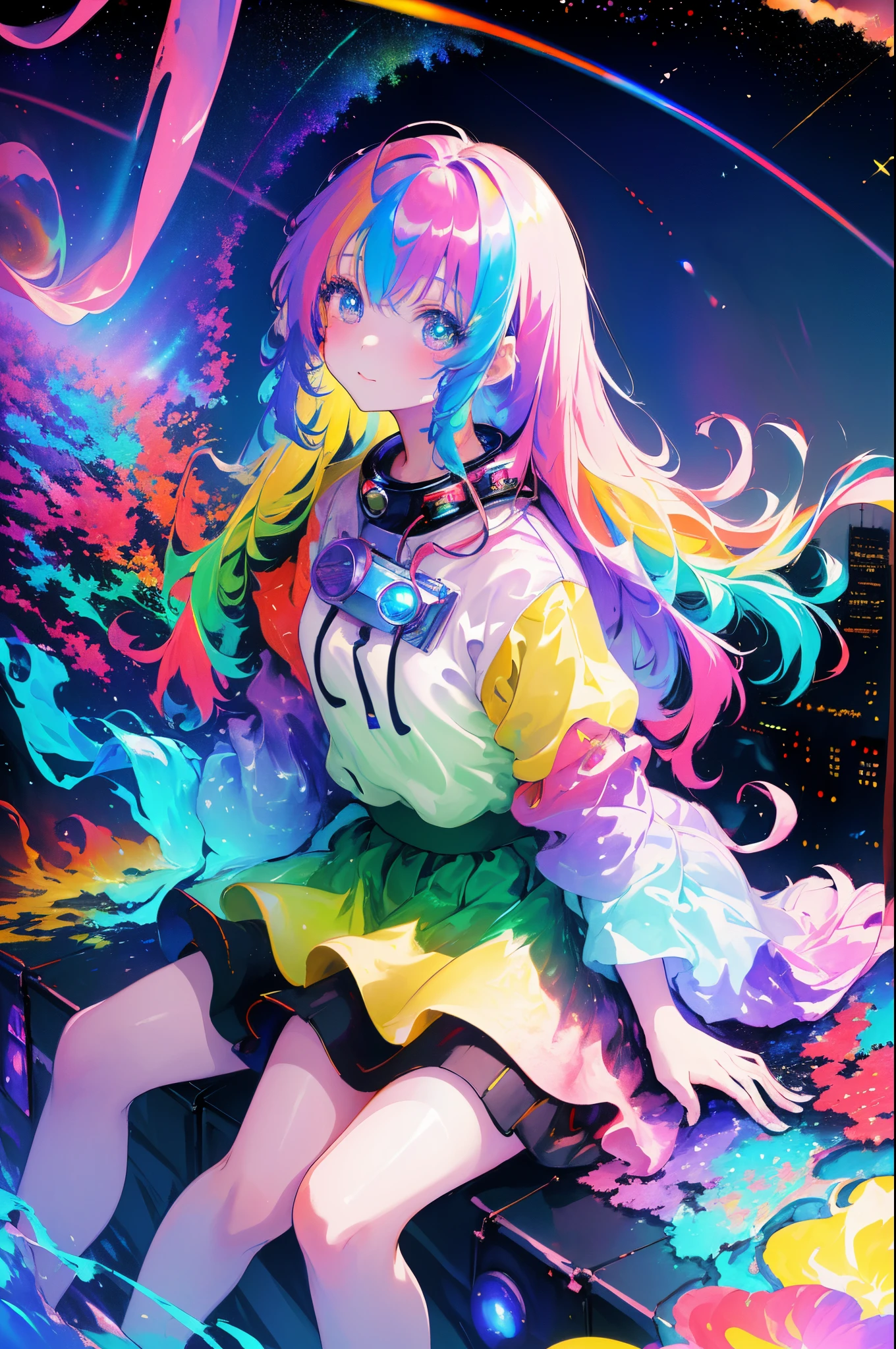 Night view of a big city seen from a high place、sitting in a colorful metropolis、Near Future City、colourfull、Colorful spacesuit、skirt by the、dream-like(Petite and beautiful girl with fine eyes。The depth of field in the photos is perfect、Lens flare added a nice touch。