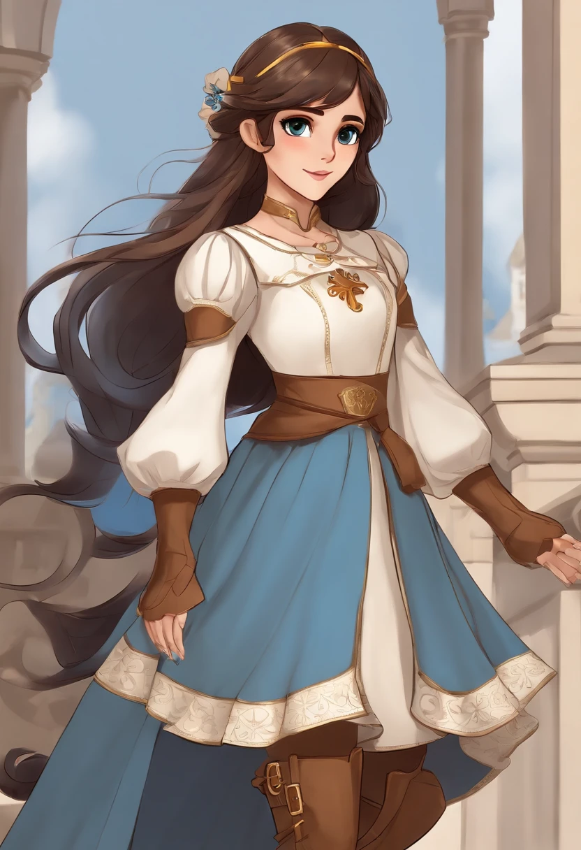 Female character with long brown hair and bangs, gold eyes，Wearing a blue medieval dress and brown boots, Different angles, Miraculous ladybug style, character sheets, white background--ar 3:2, Character pose，full bodyesbian