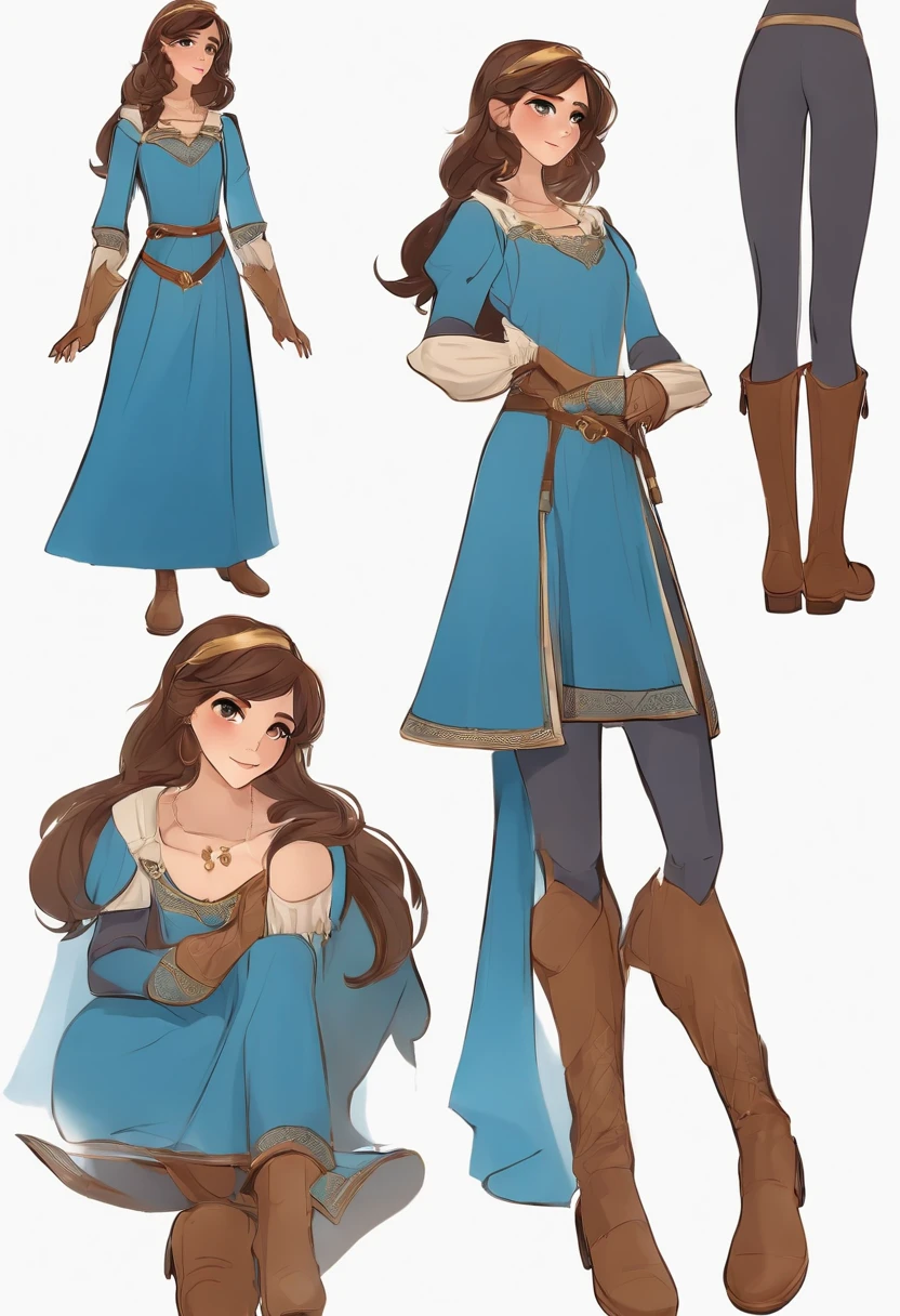 Female character with long brown hair and bangs, gold eyes,Wearing a blue medieval dress and brown boots, Different angles, Miraculous ladybug style, character sheets, white background--ar 3:2, Character pose,full bodyesbian