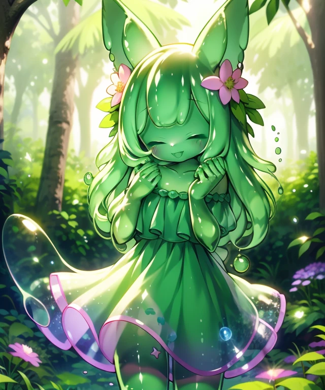 Fluffy slug girl,Green body, Transparent,bunny ears,green dress,in the woods, A sea of flowers, Cowboy shot,Smile, hair ornament, looking a viewer, One hand up, tilt of head