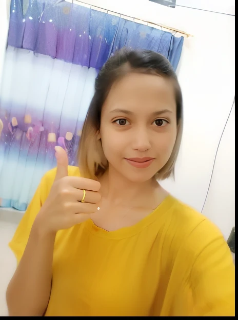 woman in yellow shirt showing thumbs up in front of a mirror, picture, attractive photo, real ungine, 3 0 years old woman, 30 years old woman, 8k selfie photograph, cute photo, 😃😀😄☺🙃😉😗, with accurate face, selfie photo, very clear picture, with index finger, nivanh chanthara