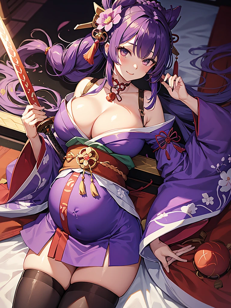 masterpiece,shogun, 1girl, solo, long hair, looking at viewer, hair ornament, thighhighs, long sleeves, ribbon, holding, cleavage, purple eyes, weapon, purple hair, braid, flower, japanese clothes, sword, wide sleeves, kimono, holding weapon, mole, blurry, sash, mole under eye, holding sword, obi, shoulder armor, tassel, bridal gauntlets, stairs, purple flower, vision (genshin impact), obijime, tomoe (symbol), obiage, mitsudomoe (shape),pregnant belly,smile,jumping,(high quality),2k,(huge breasts 5.0),insane quality,moan