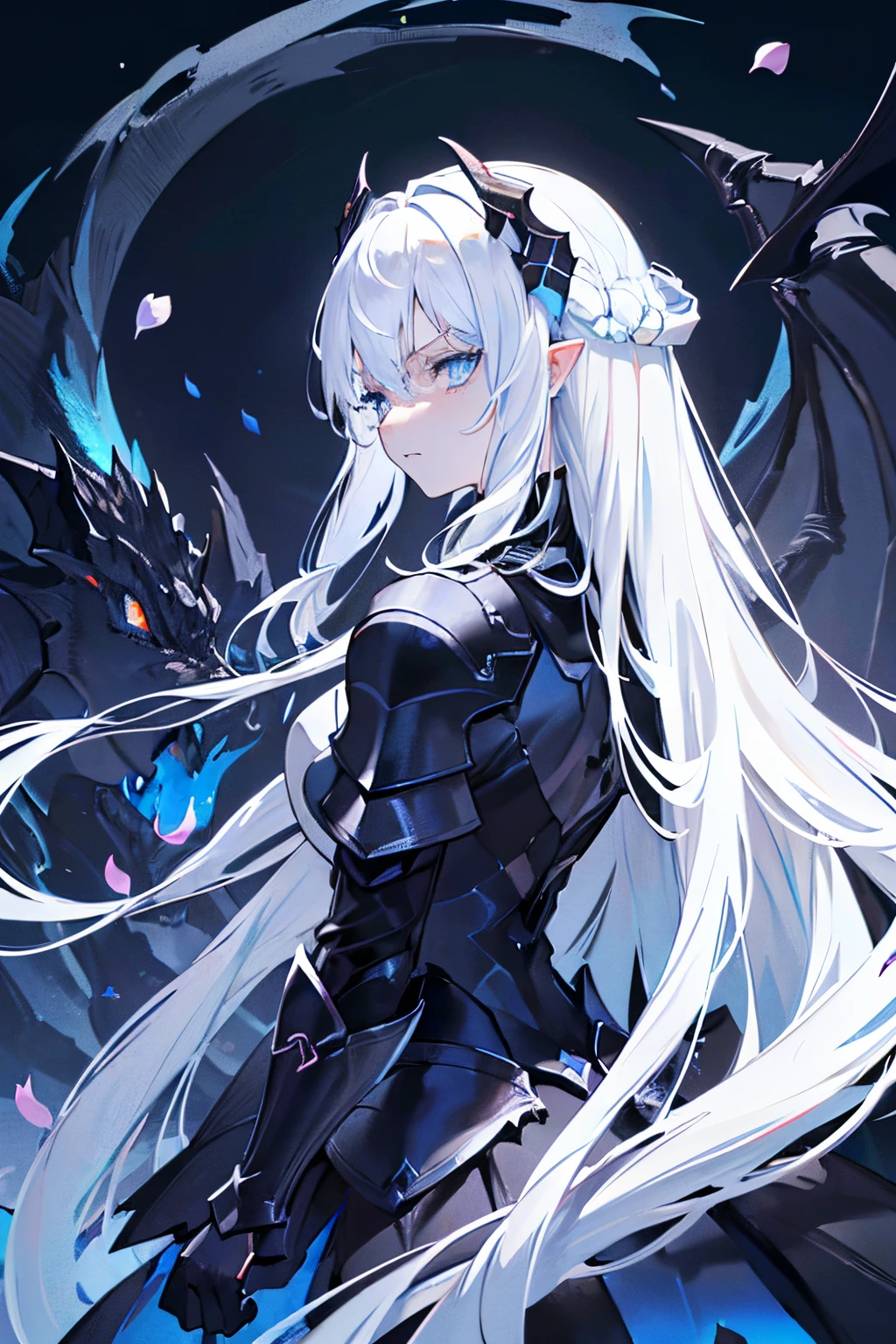 masterpiece, best quality,
1girl, (colorful),(finely detailed beautiful eyes and detailed face),cinematic lighting,bust shot,extremely detailed CG unity 8k wallpaper,white hair,solo,serious,intricate skirt,((flying petal)),(Flowery meadow)
sky, cloudy_sky, building, moonlight, moon, night, (dark theme:1.8), dark fantasy, ((Light Skin)) ((Blue Eyes)) ((Blue Horns)) (((Black Armor))) (((Dragon Girl))) ((Ice Magic))) (((White Hair))) Best Res, High Res, Absurd Res ((Elden Ring)) (((Best Face))) ((Mature, Rageful, hateful expression))