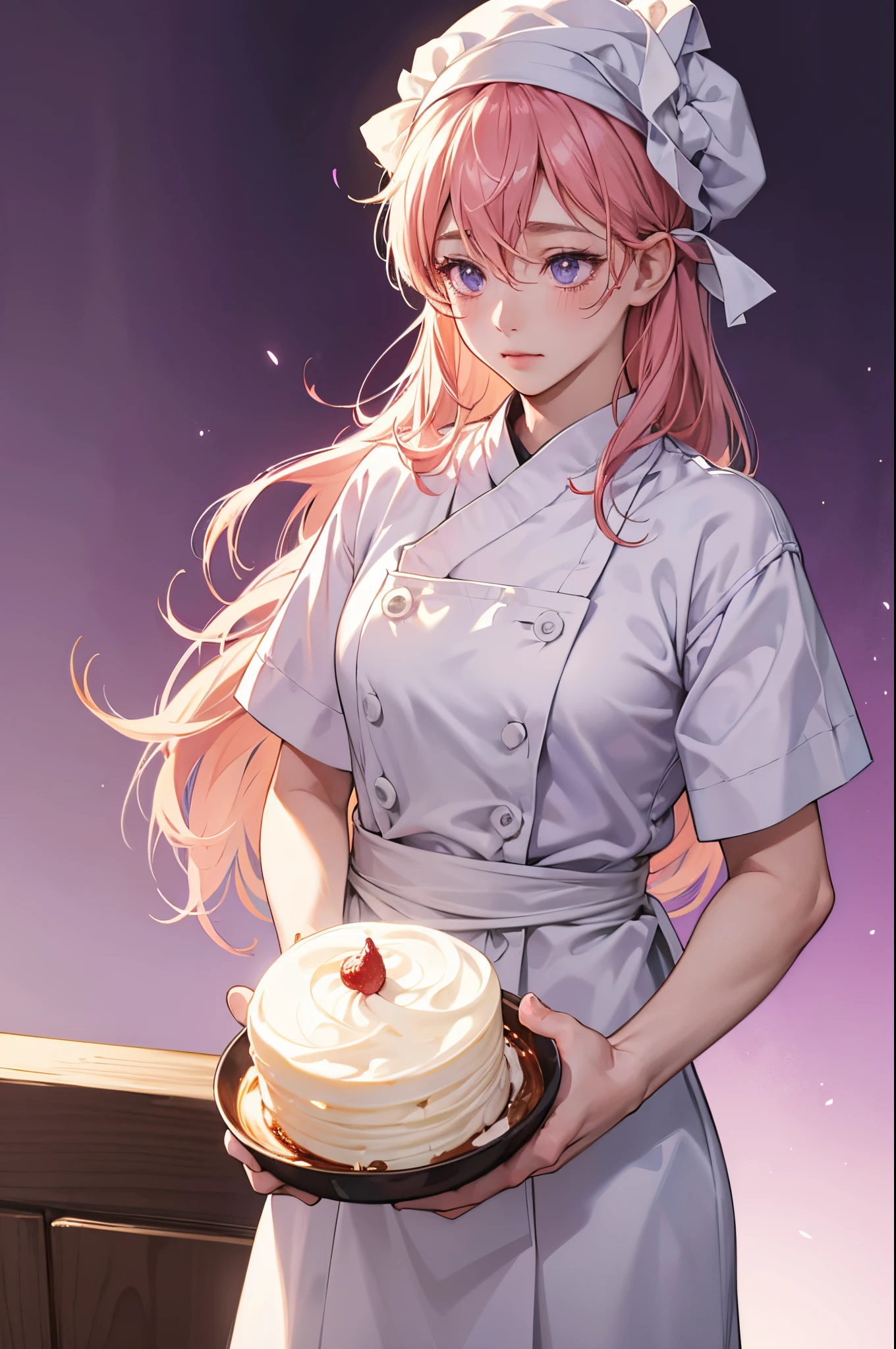 Erina Nakiri, chef, clean outfit, playing cream, purple pupil, blush, shy, chef hat, masterpieces, solo, 16K anime wallpaper, extreme quality, ultra lighting, food war