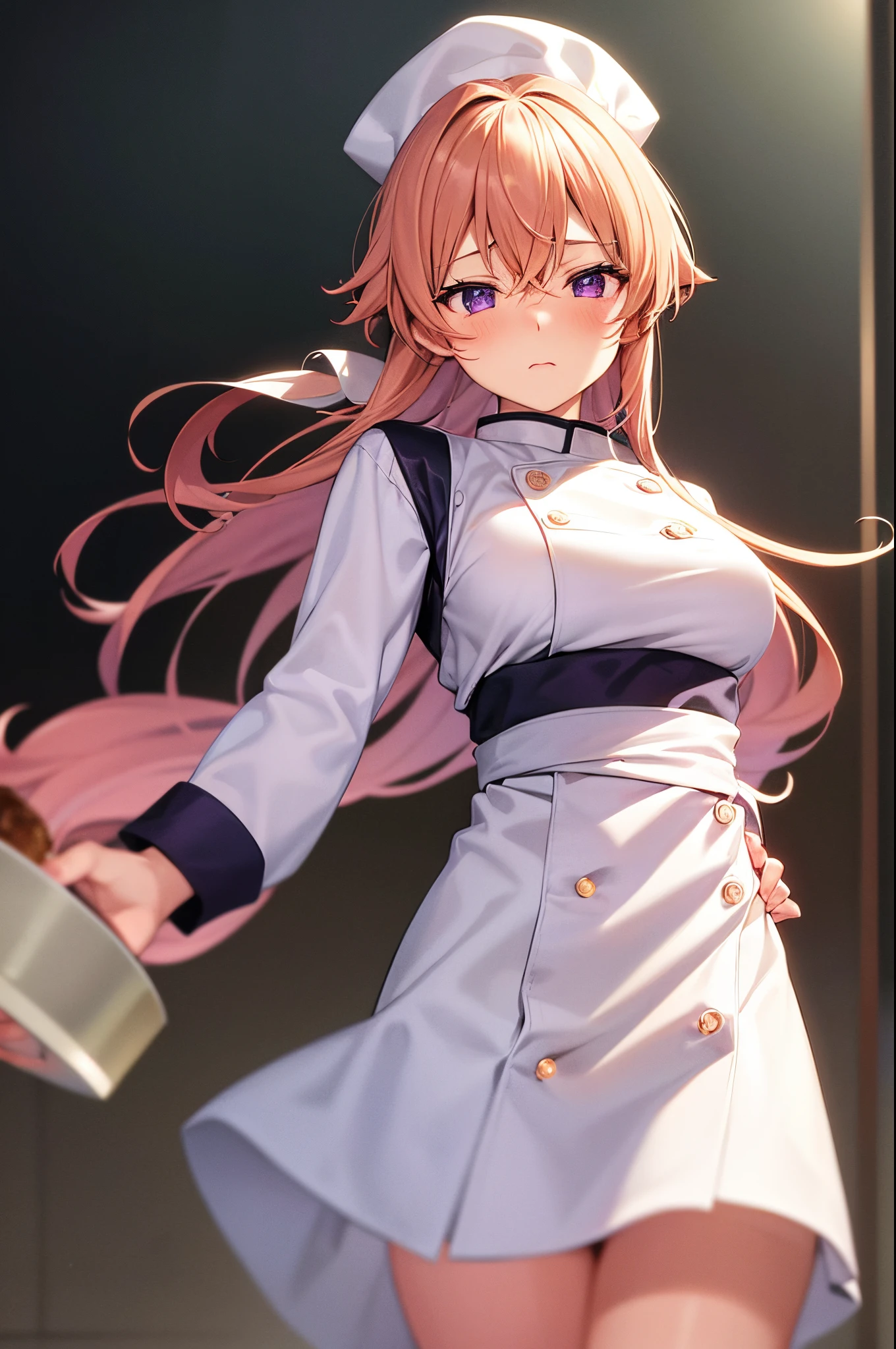Erina Nakiri, chef, clean outfit, playing cream, purple pupil, blush, shy, chef hat, masterpieces, solo, 16K anime wallpaper, extreme quality, ultra lighting, food war