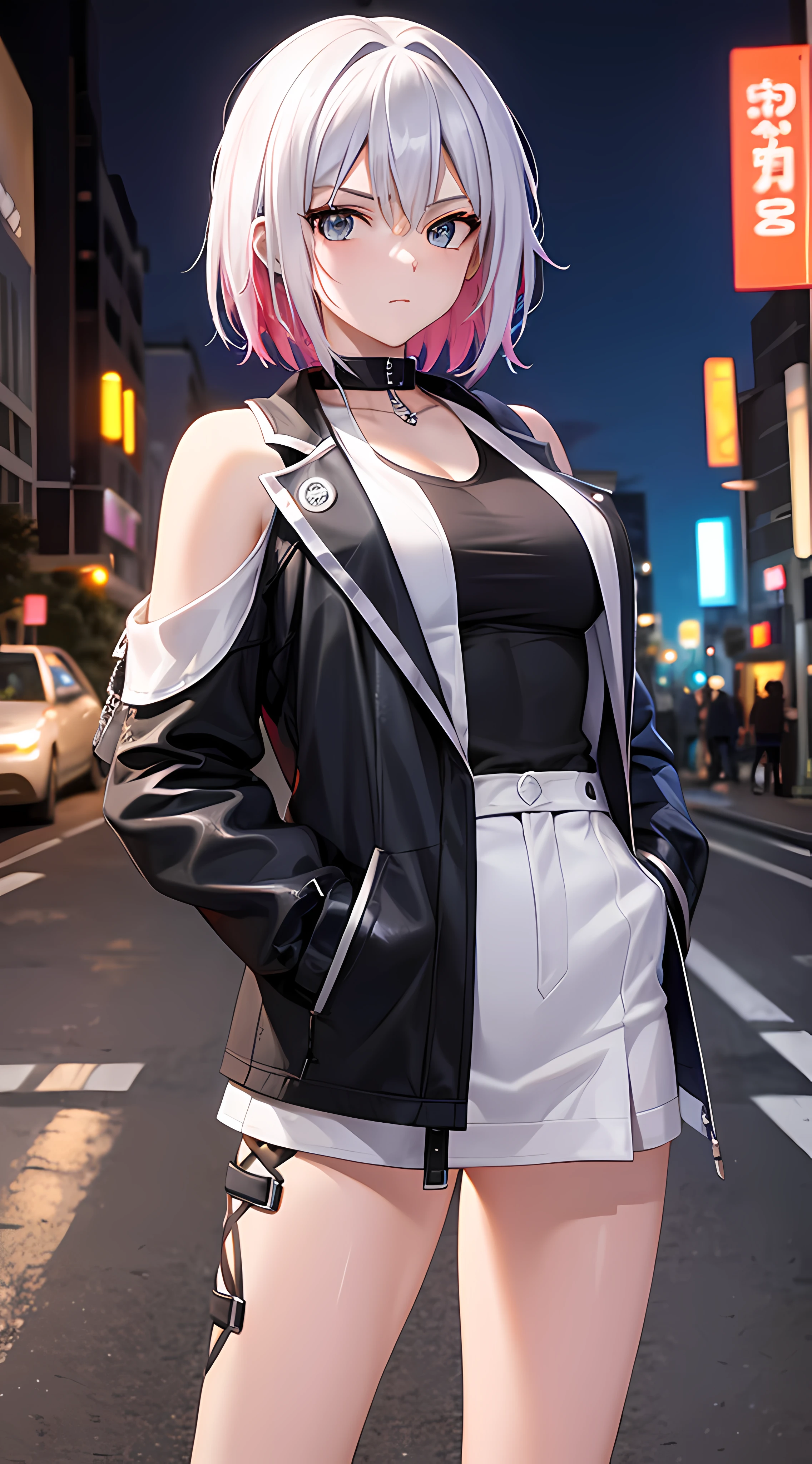 jelotopaz, white tank top with holographic black jacket, hands in pockets, street, night, cowboy shot, masterpiece, 8k