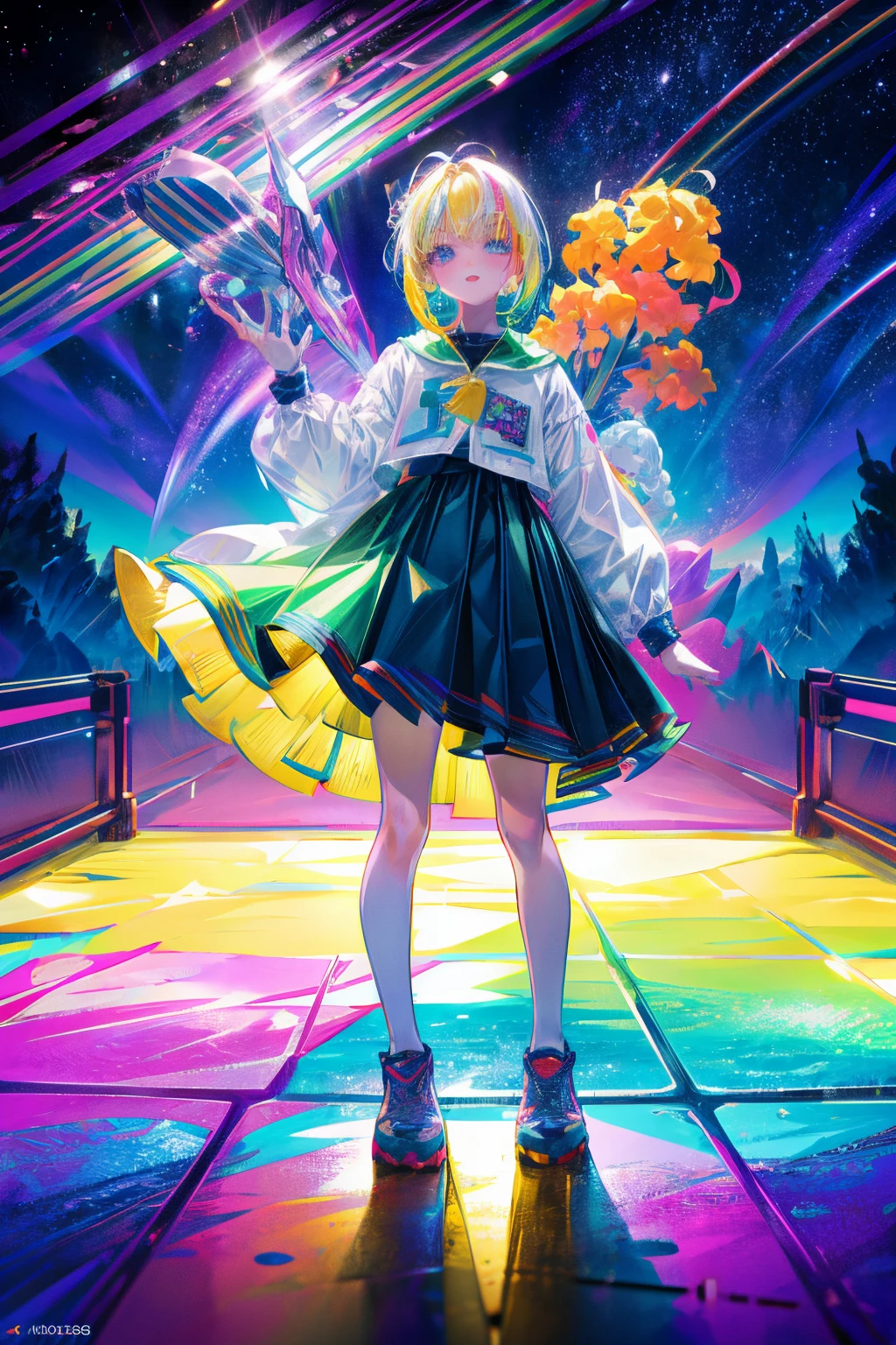 Rainbow on background、Irridescent color、colourfull、colorful space suit、skirt by the、Colorful world、has a rainbow weapon、top-quality、超A high resolution、(Photorealsitic:1.4)、Female 1 Person、(Kpop Idle)、(attractiveness:1)、(Platinum Blonde Hair:1)、((Puffy eyes))、Look at the viewer、full body Esbian、Facing the front