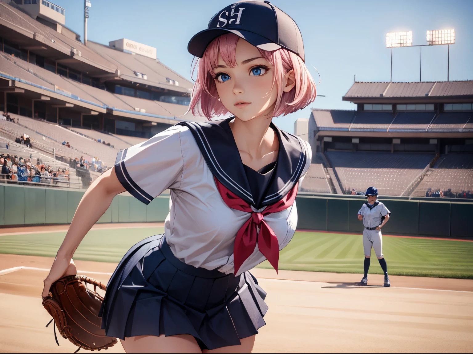 (masterpiece), (Best Quality), High resolution, Ultra Detail, photorealistic, 8K, intricate face, Detailed body, Detailed face, Beautiful, 
BREAK
(1girl, cute girl, shiny body, shiny skin, middle breasts), (pink hair, short bob hair, hairband, blue eyes),
BREAK
school girl, school sailor uniform, white shirt, pleated skirt, baseball cap, sliding in a baseball game, baseball field,