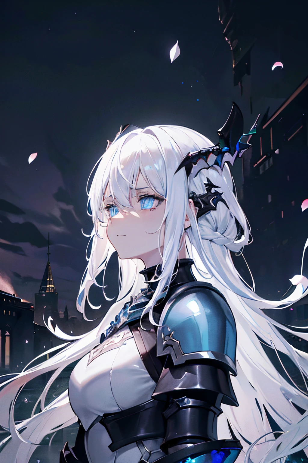 masterpiece, best quality,
1girl, (colorful),(finely detailed beautiful eyes and detailed face),cinematic lighting,bust shot,extremely detailed CG unity 8k wallpaper,white hair,solo,serious,intricate skirt,((flying petal)),(Flowery meadow)
sky, cloudy_sky, building, moonlight, moon, night, (dark theme:1.8), dark fantasy, ((Light Skin)) ((Blue Eyes)) ((Blue Horns)) (((Black Armor))) (((Dragon Girl))) ((Ice Magic))) (((White Hair))) Best Res, High Res, Absurd Res ((Elden Ring)) (((Best Face))) ((Mature, Rageful, hateful expression)) (((Carian Armor)))