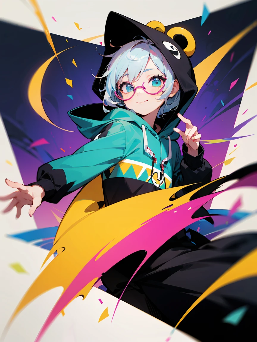 (Male child, eye glasses,A smile, silber hair)、white, yellow, Blue confetti on hood, In the style of cute cartoon-like design, Electrical color scheme, Dark white and dark bronze, Vivid color scheme, Happy Expressionism, 20mp, Dynocore), In the style of colorful mosaics, nightcore, Hard Edge Painting, Pattern Expansion, flickr, Cute and colorful, close-up), (While a small confetti is pouring out、In a cute art style, Philip Pantone, nightcore, shilin huang, Vivid color scheme, Dark white and dark bronze, Hi-Vision Ministry of Defense), (A boy wearing a panda hoodie grimaces, In the style of a colorful palette, nightcore, shilin huang, zigzag, uhd image, Aztec art, shiny)