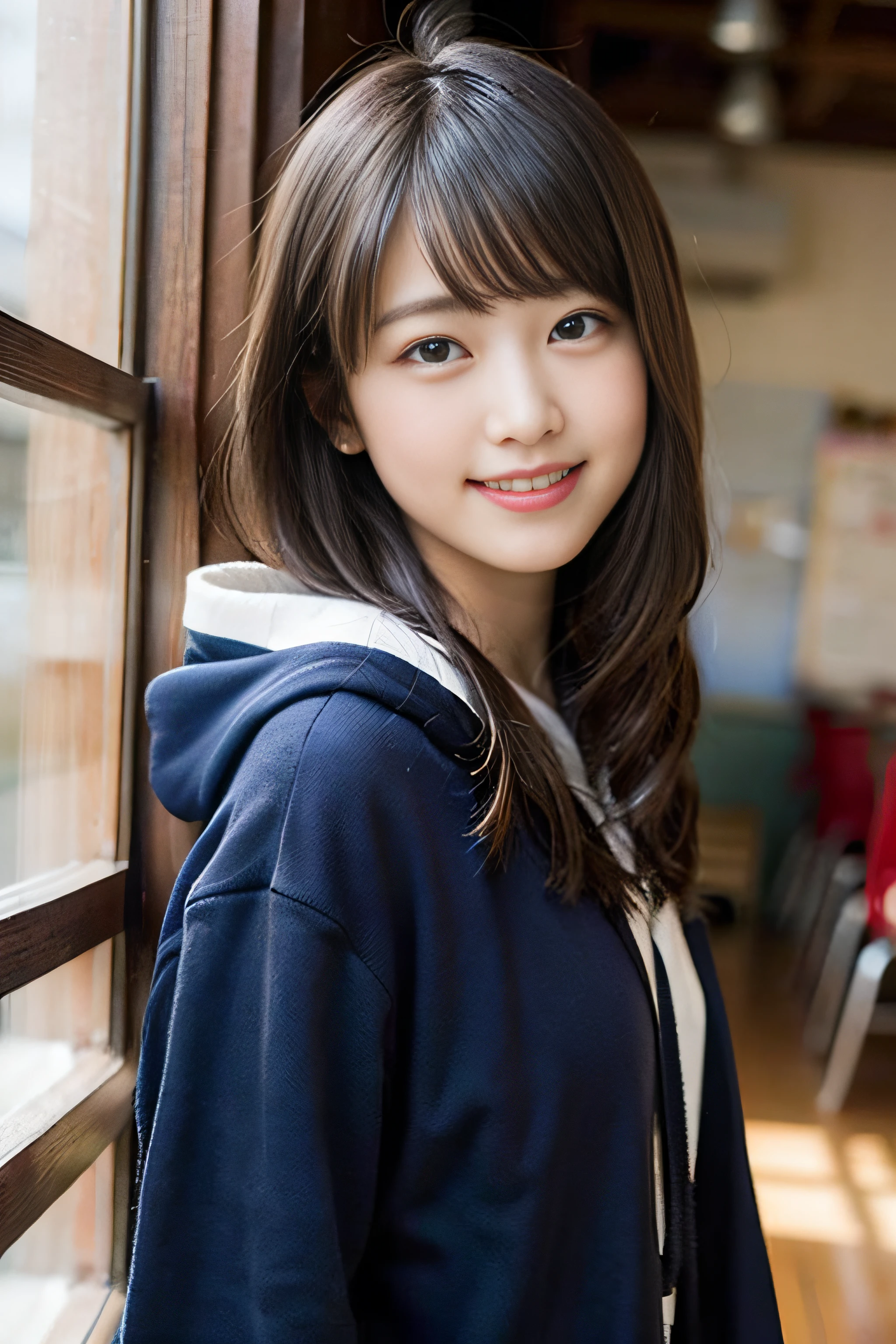 (8K、Raw photography、top-quality、masterpiece:1.2)、(realisitic、Photorealsitic:1.37)、ultra-detailliert、超A high resolution、女の子1人、see the beholder、beautifull detailed face、A smile、Constriction、(Slim waist) :1.3)、Beautiful detailed skin、Skin Texture、Floating hair、Professional Lighting、Whole human body、japanese hight school uniform、a sailor suit、Twin Hairstyles、E-cup、Happy smile、sixteen years old、Red ribbons、a baby face、schools、Classroom、Constriction of the lower back、He wears a gray hoodie as part of his uniform.