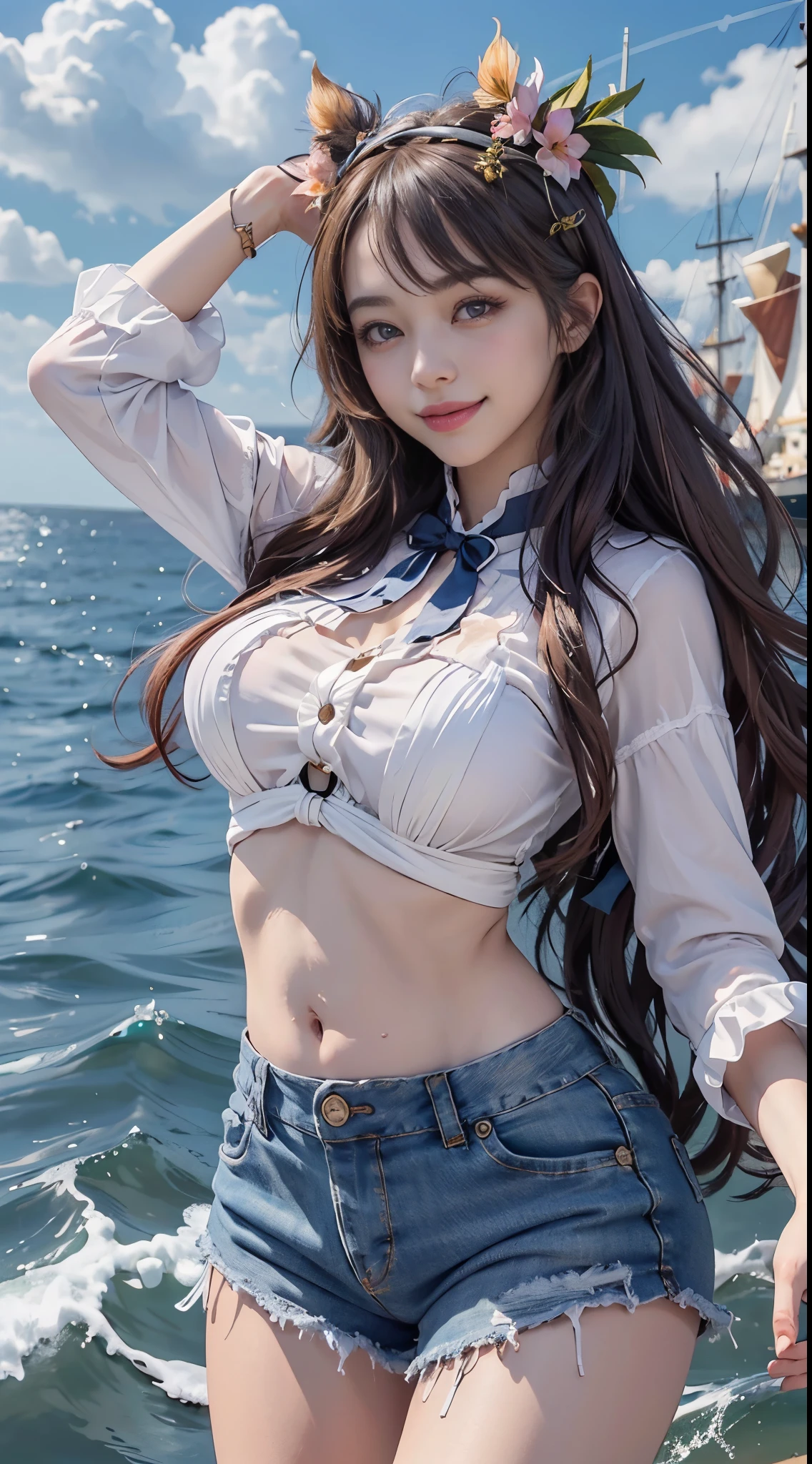 Fishing，Woman，Beautiful weather，Catching big fish，delicated、Above the sea、Fishing on a boat、((I'm catching a big tuna))、8k, top-quality, （pubic hair beauty）、hight resolution, 逼真, realperson,　Above the sea、The Sunshine、On a big ship、(Luxury liner)、Flirting and dancing、((a smile))、exclamation、One young and beautiful girl、huge tit、Beautiful waist constriction、beautiful legs、((It's so short that your stomach comes outＴThe shirt))、Tight denim shorts、Dancing in a variety of poses