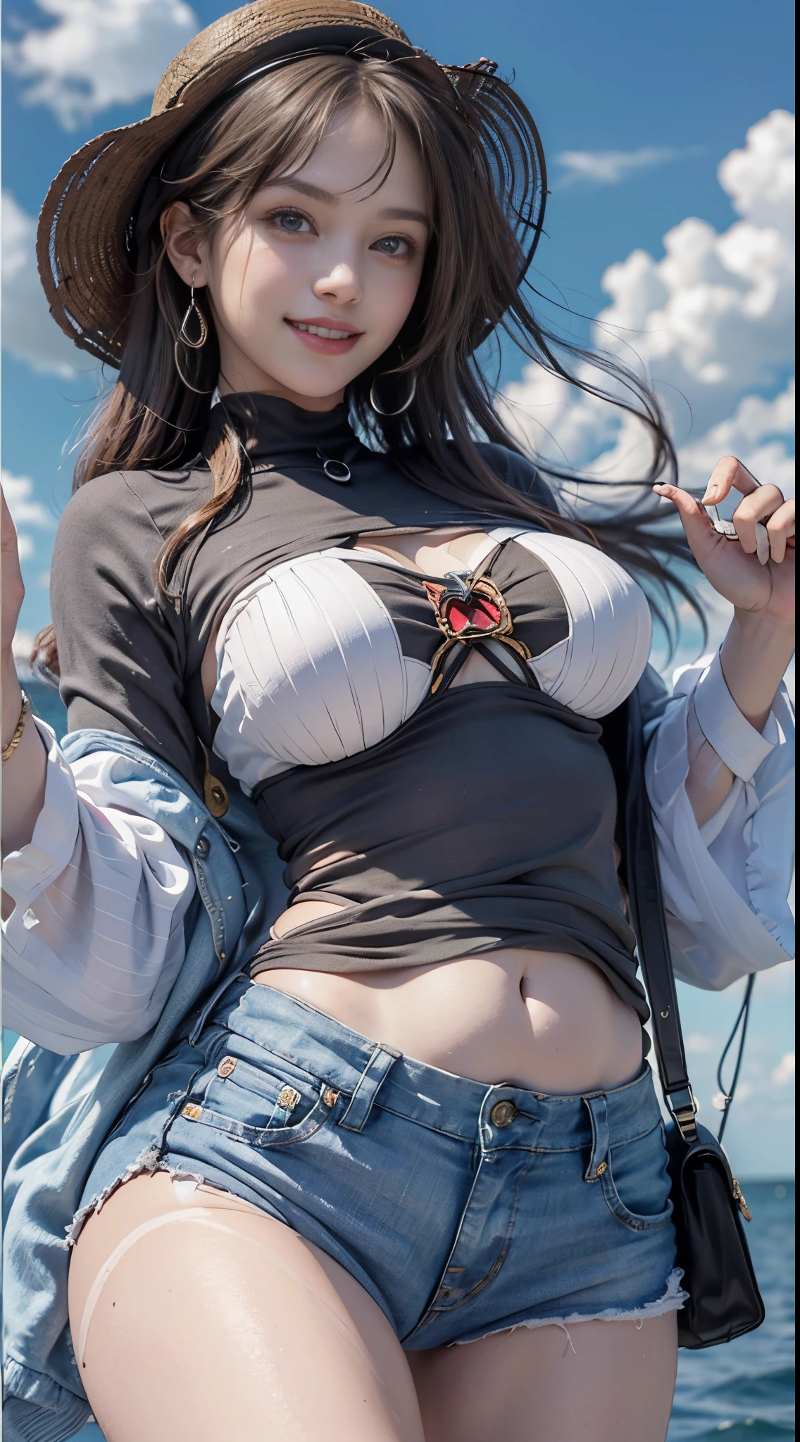 Fishing，Woman，Beautiful weather，Catching big fish，delicated、Above the sea、Fishing on a boat、((I'm catching a big tuna))、8k, top-quality, （pubic hair beauty）、hight resolution, 逼真, realperson,　Above the sea、The Sunshine、On a big ship、(Luxury liner)、Flirting and dancing、((a smile))、exclamation、One young and beautiful girl、huge tit、Beautiful waist constriction、beautiful legs、((It's so short that your stomach comes outＴThe shirt))、Tight denim shorts、Dancing in a variety of poses