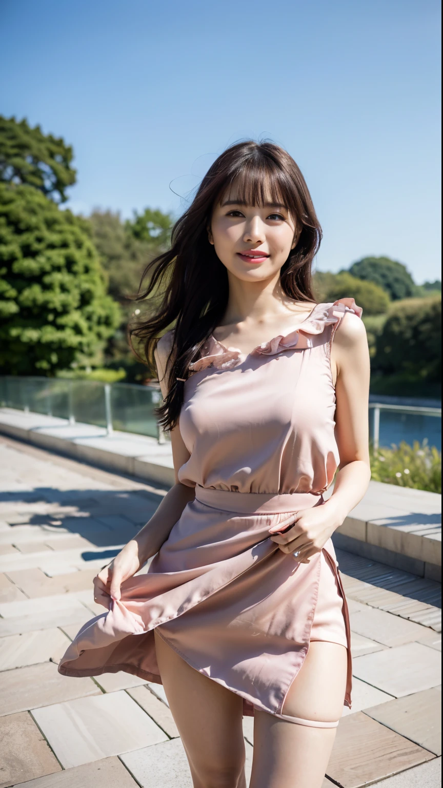 (Best quality, 8k, 32k, Masterpiece, UHD:1.2),Photo of Pretty Japanese woman,(sad smile,blush:1.1),looking at viewer,(beautiful detailed dress skirt:1.2),detailed legs,(spread legs:0.9),(lace panties:0.9),(wind lift:1.6), full body,windy,city,outdoors