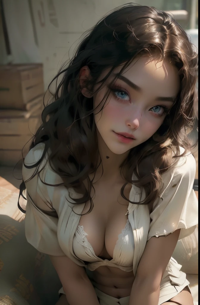 ((best quality:1.6), (masterpiece:1.2), (realistic:1.3)), one 28-year-old tall Asian woman, (beautiful face with dazzling green almond-shaped beautiful eyes), ((slender figure with thin waist and beautiful stunning toned abs)), captivating drooping big breasts, curvaceous hips and long legs, well distributed perfect athletic defined body, (((mahogany colored tanned brown skin))), (long braided blonde hair), ((charming sharp gaze with dark eye makeup with mascara, eyeliner, eye shadow, and long eyelashes)), (gothic makeup with so many eyelashes and jet black eyeshadow), sitting with her legs spread in a sexually liberated provocative pose, staring at me with a provocative smile, (natural forehead), shining blonde hair, ((full body image)), perfect hands, detailed fingers, (((bronze skin with sun-kissed lines))), highly detailed facial and skin texture, hyper realism, condescending looking at the camera, solo, gorgeous, seduce a man, Evil grin, dynamic pose, slanted eyes, ((Unbuttoned front open white shirt)), ((torn short shorts)), navel exposed, hands on chest, luxurious genuine leather long sofa in the bedroom, intricate Tribal Urban Outfit, visible lower breasts, ultra detail face, Slender Eyes, wearing lace lingerie, (sexy clothe with a slight view of the underside of the chest), ((visible lower milk, clothe with visible ribs and navel)), (asymmetrical messy hair), (bare foot), (bare legs), wearing see-through shawl, no bra, glowing sweaty skin, mostly cloudy sky, (open legs, knees up, spreading the crotch), (dark skin), photorealistic