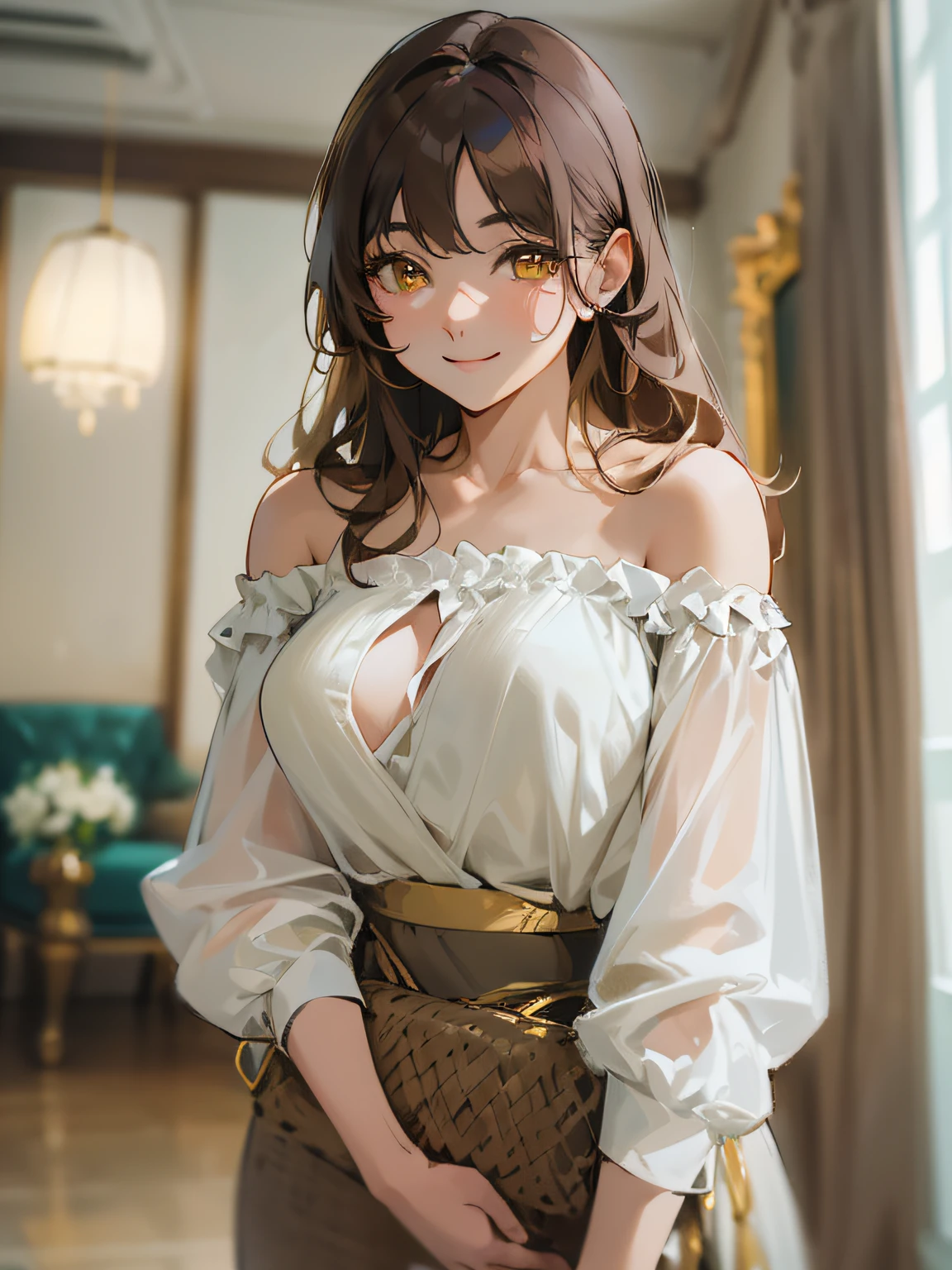 ​masterpiece、top-quality、(brown colored long hair、I have bangs:1.1)、25 year old woman with yellow eyes、Wearing a white off-the-shoulder blouse、Exposed skin a lot、(Cleavage is visible:1.1)、(Smiling expression:1.3)、(Close-up of the subject's chest:1.3)、Slouching posture、is standing、five perfect and beautiful fingers、Place the camera above the subject、The background is the living room、Bold composition、Upper body is shown、Alone