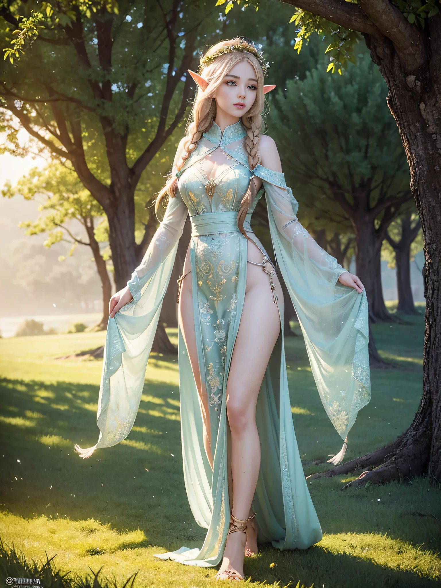 best quality, masterpiece, ultra high res, (photorealistic:1.8), detailed skin, etherial, elf ears, huge mansion, gold walls, climbing ivy, glowing, busty, cleavage, mystical, foggy, translucent