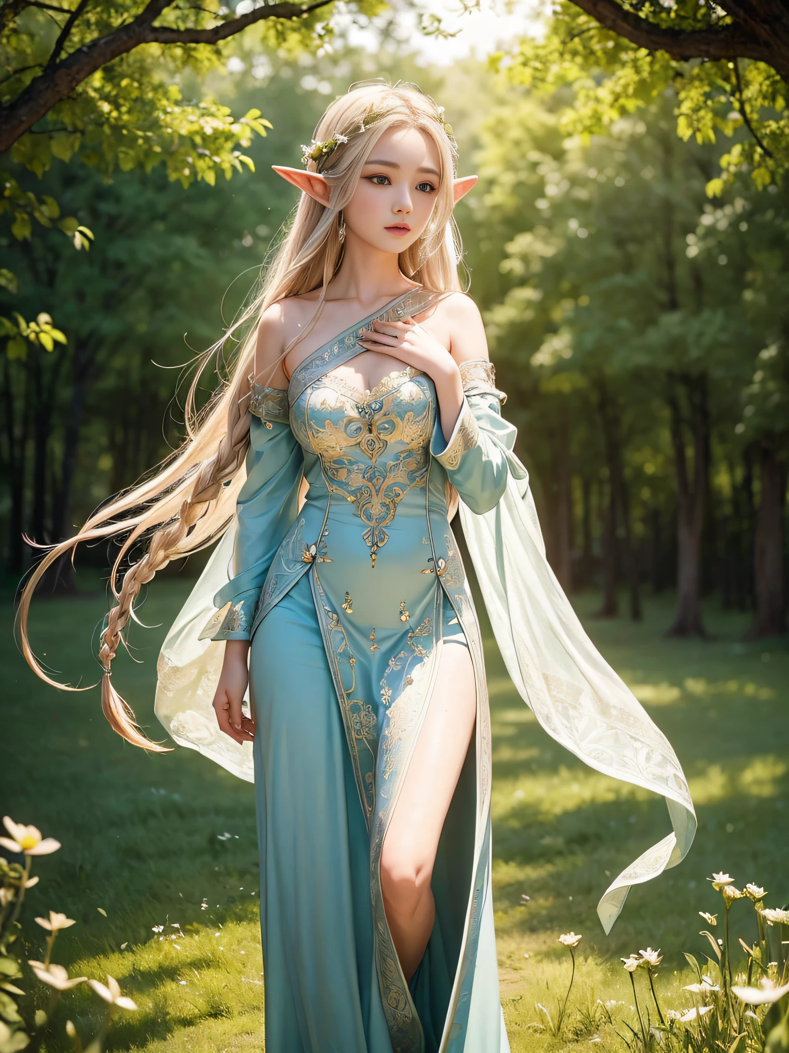 ( nonsense, High quality, very detailed, Masterpiece, concept art, smooth, highly detailed artwork, hyper-realistic painting ) , elf, Plum elf, Plum , clear angel wings, big tits,low bust,like a fairy tale, romantic, bright, whole body,hands behind,shy,Big eyes,(eye focus),eye of the universe,Space Eye,smile,Amidst nature with a waterfall,Pure Rose Face_v1,ulzzang-6500-v1.1,