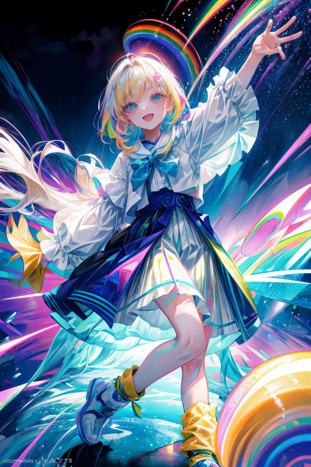 Rainbow on background、Irridescent color、colourfull、colorful space suit、skirt by the、Colorful world、has a rainbow weapon、top-quality、超A high resolution、(Photorealsitic:1.4)、Female 1 Person、(Kpop Idle)、(attractiveness:1)、(Platinum Blonde Hair:1)、((Puffy eyes))、Look at the viewer、full body Esbian、Facing the front