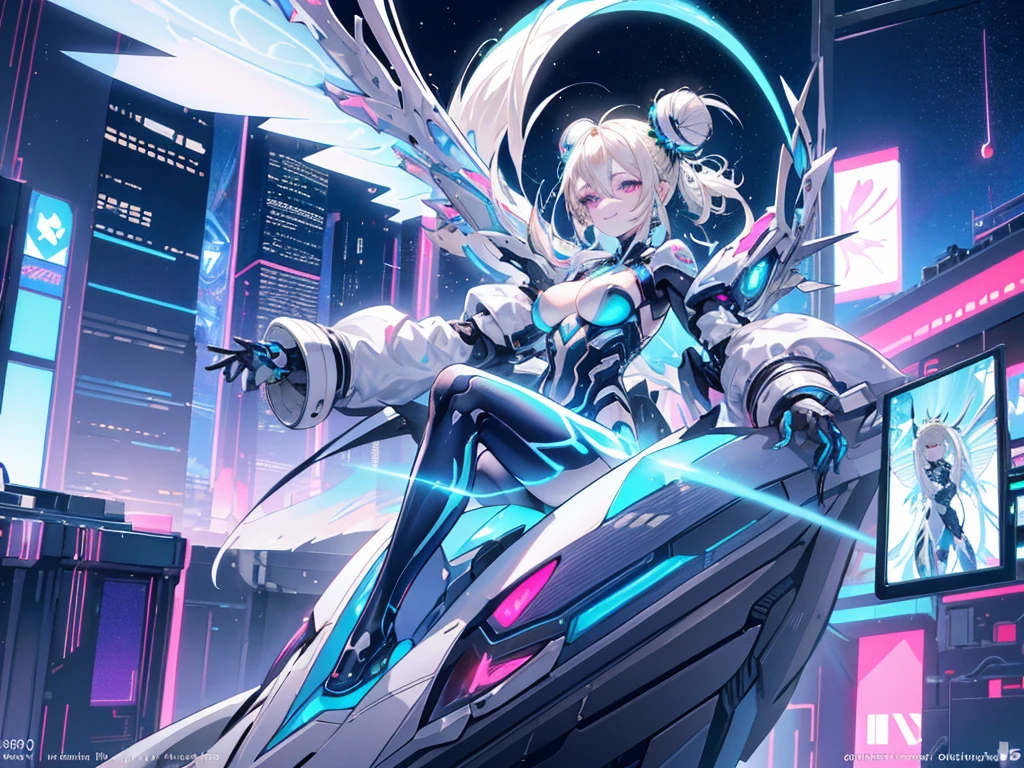 Avatar SeaArt Bot Txt2Img Default Expires in 14 Day(s) 13:16:13 {{masterpiece,Best Quality}}, top-quality, Delicate background,delicated face,Super delicate,Ultra-detailed CG Unity,8k wallpaper, lensflare, (colourfull:1.5),Detailed beautiful eyes,((Leprechaun,android fairy)),((Mechanical wings on my back)),Bun hair,a smile,((platinum-blonde-hair)),sparkling blue and pink eyes,cyberpunked,a hologram,Neon lights flying around,nighttime scene,Perfect human body structure,On top of the building,Shining Buildings,Cyberpunk City,