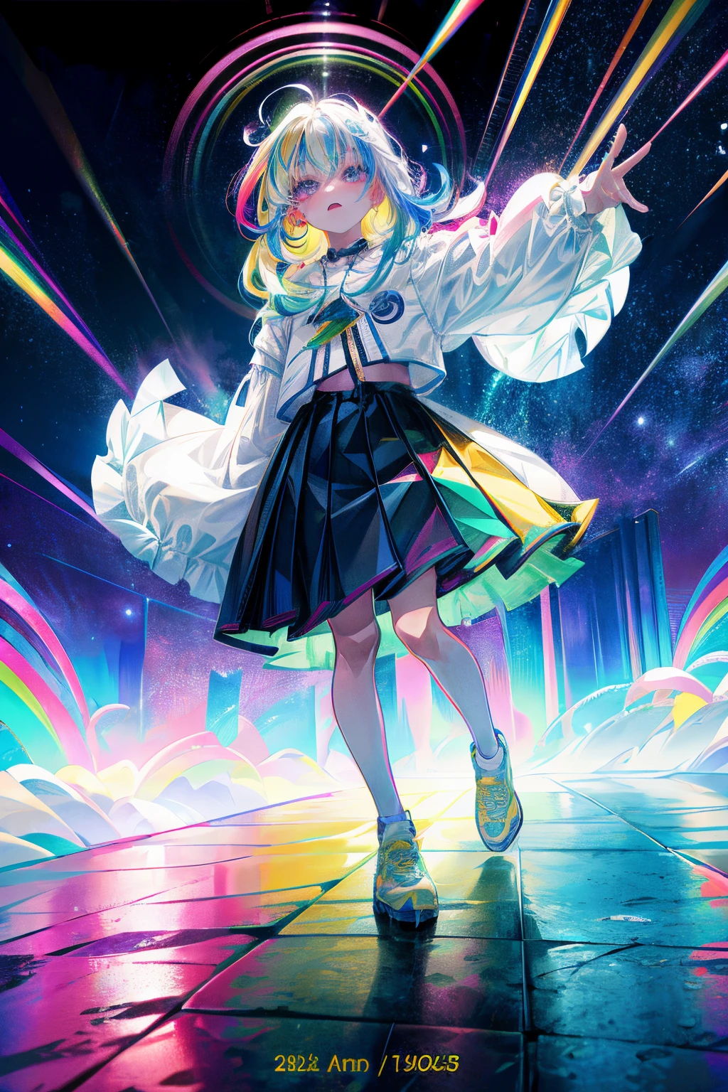 Rainbow on background、Irridescent color、colourfull、colorful space suit、skirt by the、Colorful world、has a rainbow weapon、top-quality、超A high resolution、(Photorealsitic:1.4)、Female 1 Person、(Kpop Idle)、(attractiveness:1)、(Platinum Blonde Hair:1)、((Puffy eyes))、Look at the viewer、full body Esbian、Facing the front