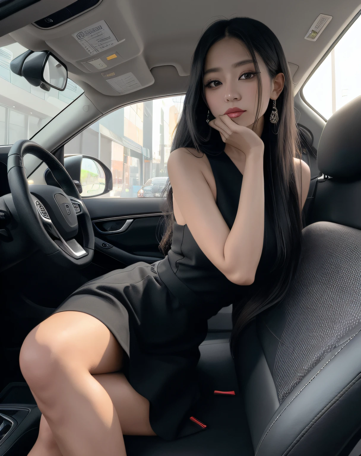 Woman sitting in a car with her hand on her chin, sentada em seu carro, em um estacionamento, driving, olhar sedutoramente na frente, tomada em 2 0 2 0, taken in the early 2020s, cruel korean goth girl, #Oc, Deusa japonesa, # Oc, she is wearing a black dress, (SFW) seguro para o trabalho