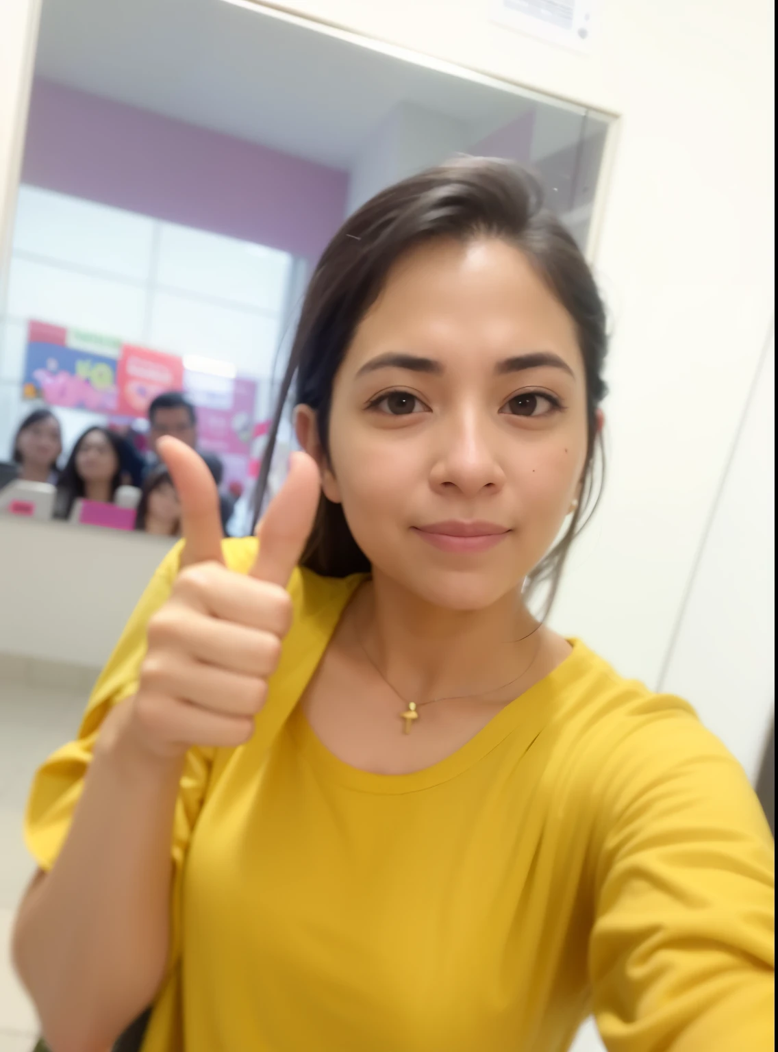 woman in yellow shirt showing thumbs up in front of a mirror, picture, attractive photo, real ungine, 3 0 years old woman, 30 years old woman, 8k selfie photograph, cute photo, ๐๐๐โบ๐๐๐, with accurate face, selfie photo, very clear picture, with index finger, nivanh chanthara