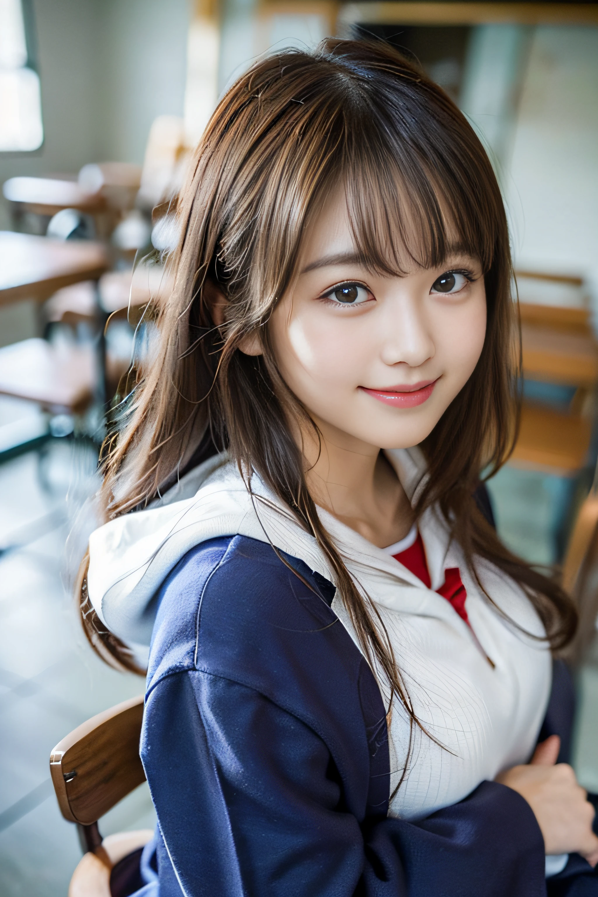 (8K、Raw photography、top-quality、​masterpiece:1.2)、(realisitic、Photorealsitic:1.37)、ultra-detailliert、超A high resolution、女の子1人、see the beholder、beautifull detailed face、A smile、Constriction、(Slim waist) :1.3)、Beautiful detailed skin、Skin Texture、Floating hair、Professional Lighting、Whole human body、japanese hight school uniform、a sailor suit、Twin Hairstyles、E-cup、Happy smile、、Red ribbons、‎Classroom、schools、Desk and chair、gray hoodie