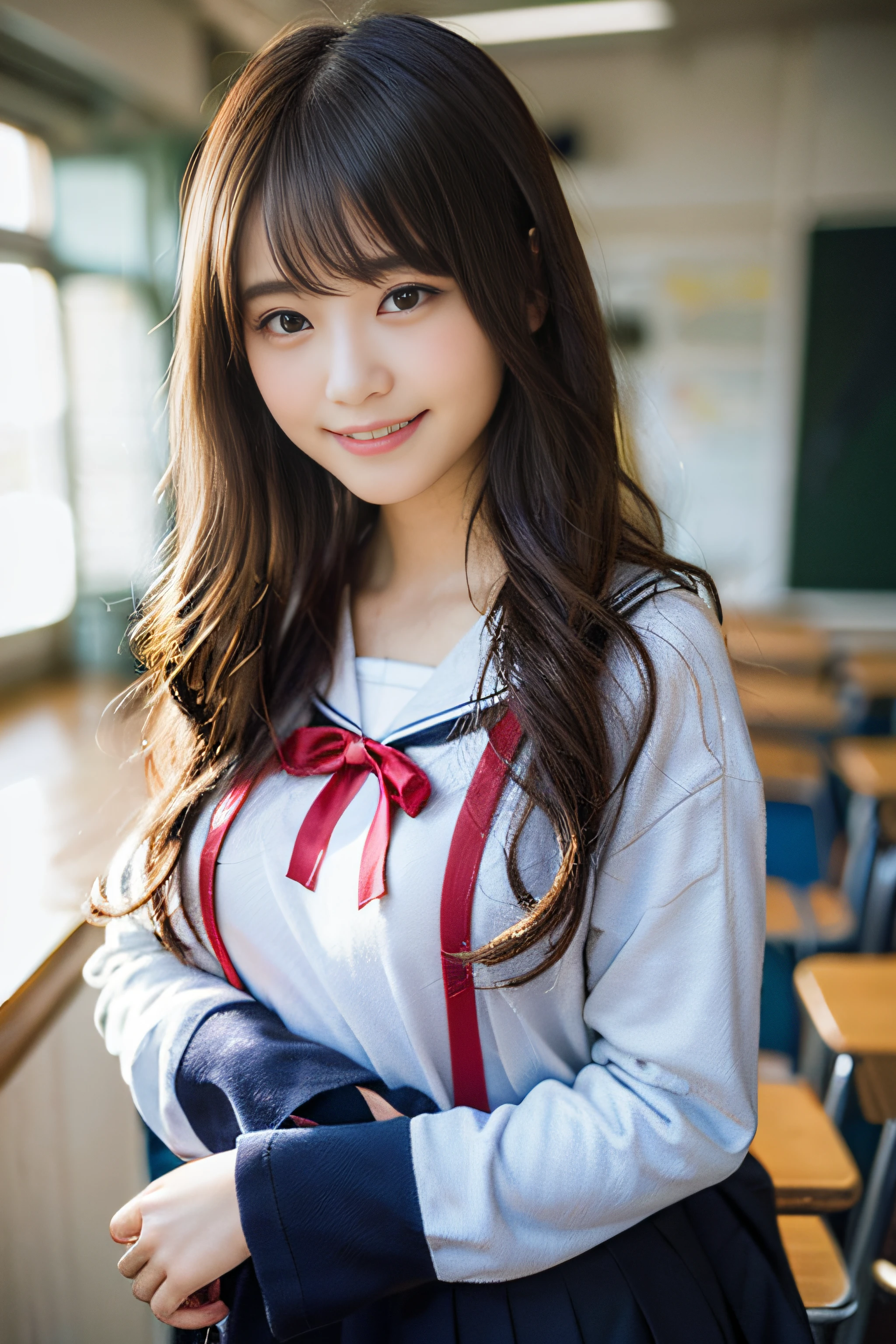 (8K、Raw photography、top-quality、masterpiece:1.2)、(realisitic、Photorealsitic:1.37)、ultra-detailliert、超A high resolution、女の子1人、see the beholder、beautifull detailed face、A smile、Constriction、(Slim waist) :1.3)、Beautiful detailed skin、Skin Texture、Floating hair、Professional Lighting、Whole human body、japanese hight school uniform、a sailor suit、Twin Hairstyles、E-cup、Happy smile、sixteen years old、Red ribbons、Classroom、schools、Desk and chair、gray hoodie