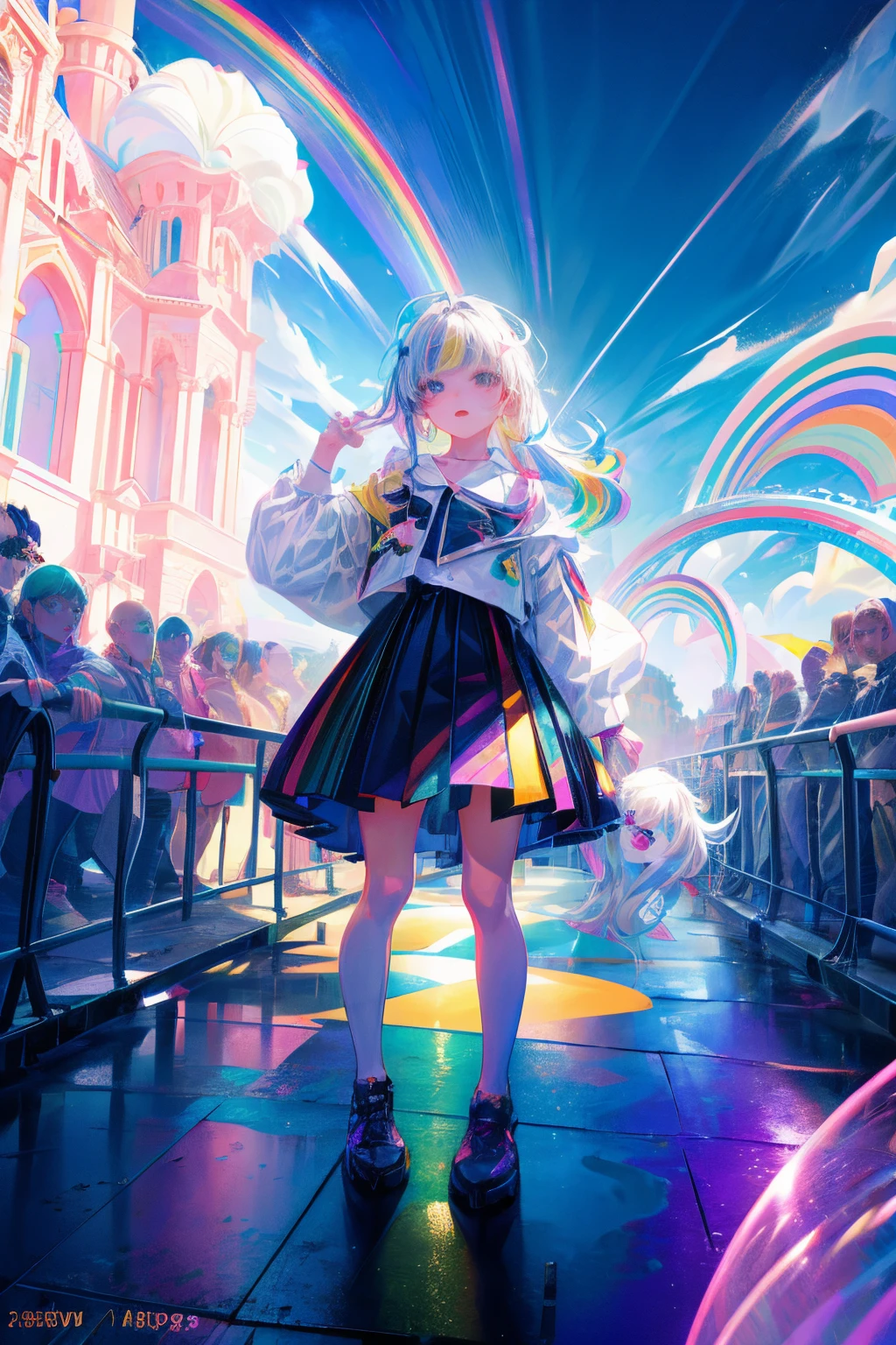 Rainbow on background、Irridescent color、colourfull、Colorful world、has a rainbow weapon、top-quality、超A high resolution、(Photorealsitic:1.4)、Female 1 Person、(Kpop Idle)、(attractiveness:1)、(Platinum Blonde Hair:1)、((Puffy eyes))、Look at the viewer、full body Esbian、Facing the front