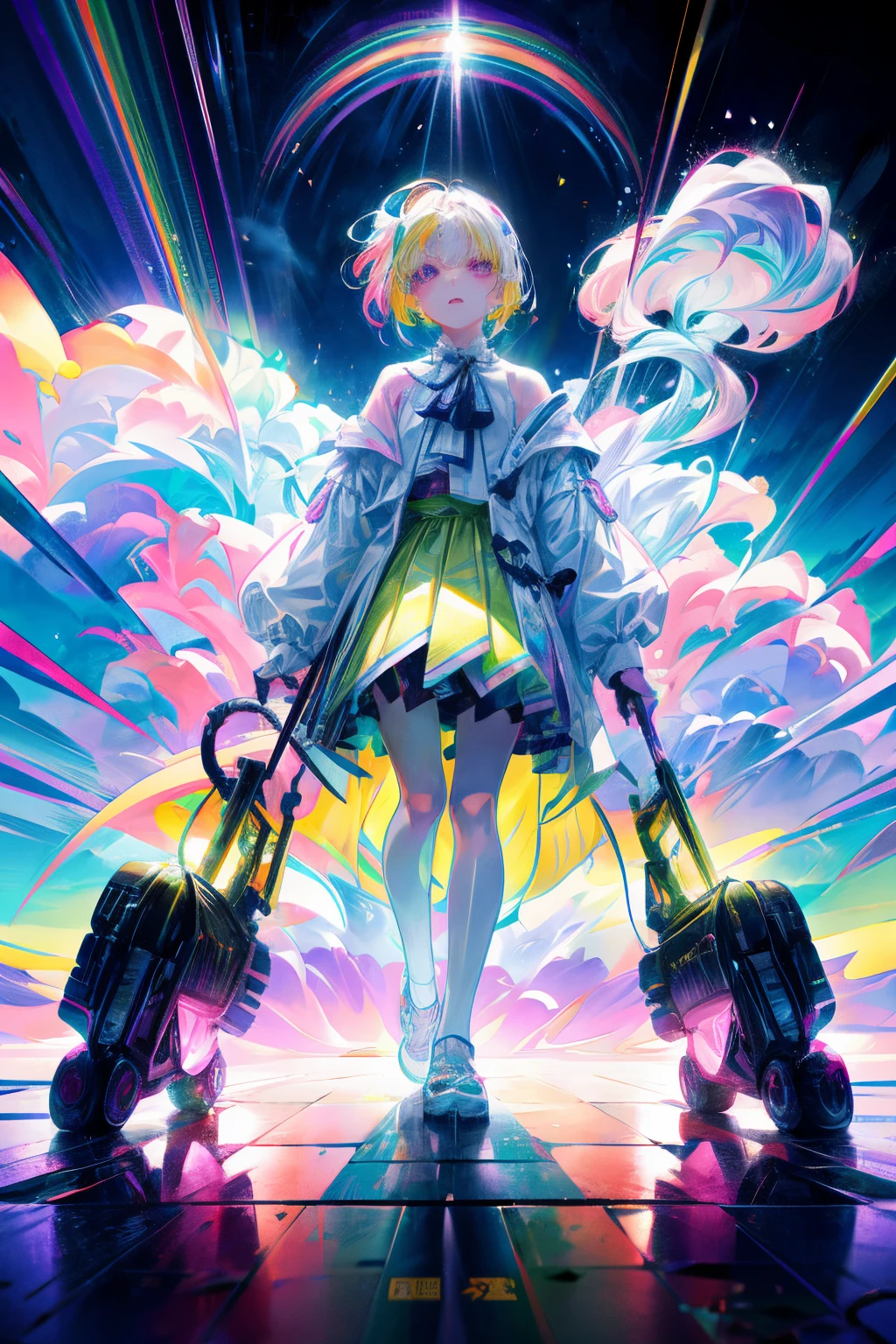 Rainbow on background、Irridescent color、colourfull、Colorful world、has a rainbow weapon、top-quality、超A high resolution、(Photorealsitic:1.4)、Female 1 Person、(Kpop Idle)、(attractiveness:1)、(Platinum Blonde Hair:1)、((Puffy eyes))、Look at the viewer、full body Esbian、Facing the front