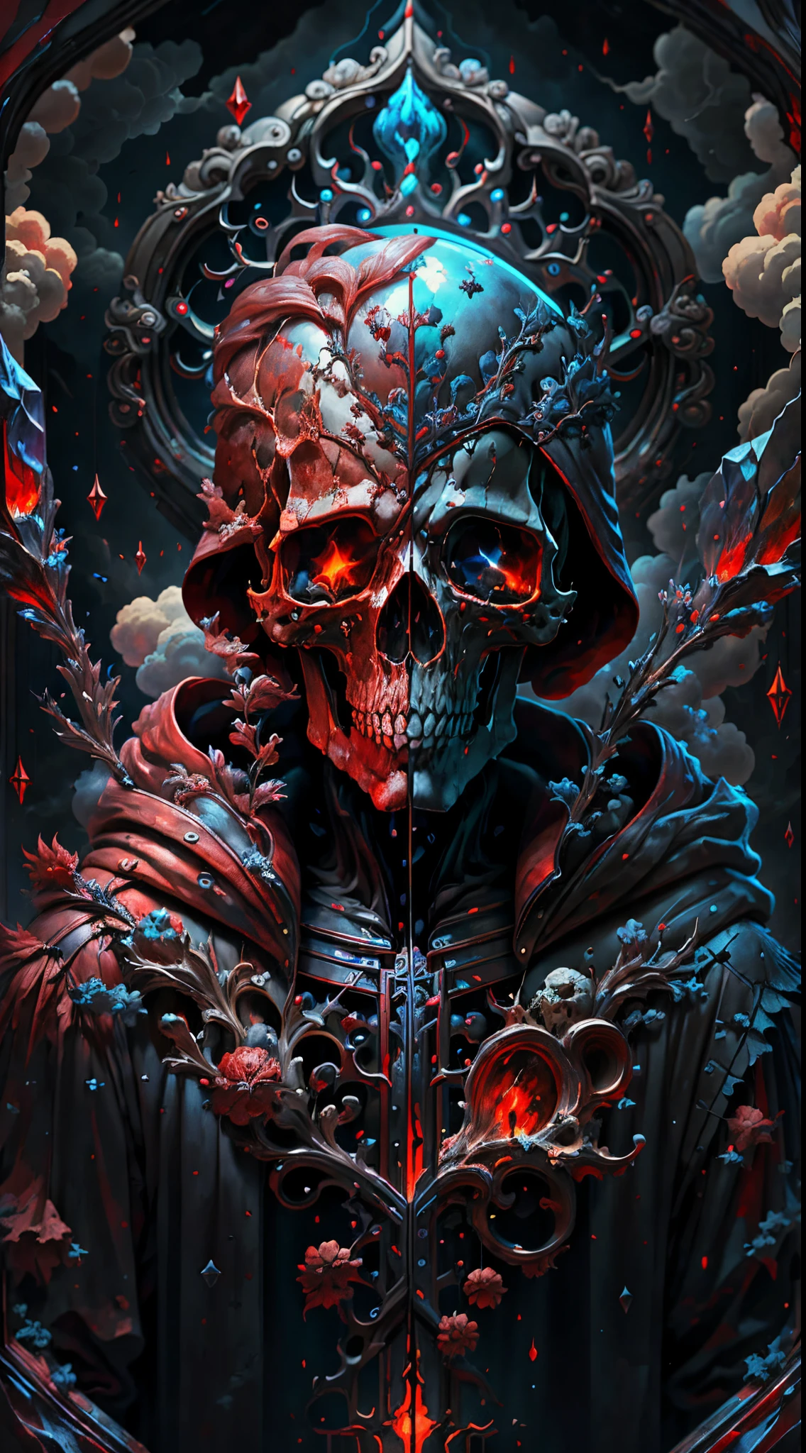 solo, 1boy, standing, male focus, red hair, cloud, hood, back, cover, transparent glass skull, mantle, painting