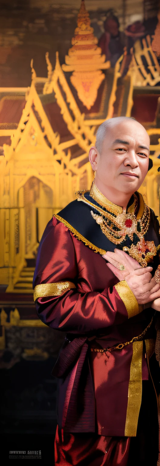 arafed man in a red and gold outfit and a woman in a red dress, wearing a royal robe, wearing gilded red royal robes, portrait shot, sukhothai costume, closeup portrait shot, ceremonial portrait, dressed as emperor, wearing a luxurious royal cloak, thailand art, royal portrait, majesty in noble clothes, wearing gilded red robes, wearing ornate silk clothes