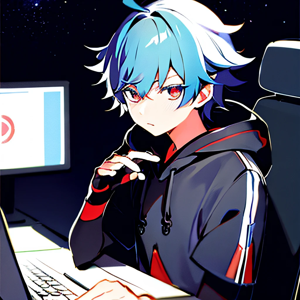 colorful, [ solo, cutout,[(1boy, bright red_eyes, blue short hair, short,huge ahoge, [hair side], serious face, closed mouth,(beautiful detailed face:1.1), (beautiful detailed eyes:1.14),(night:1.2), starry sky, computer gaming, wearing headphones, black hoodie jacket, gamer, gaming chair