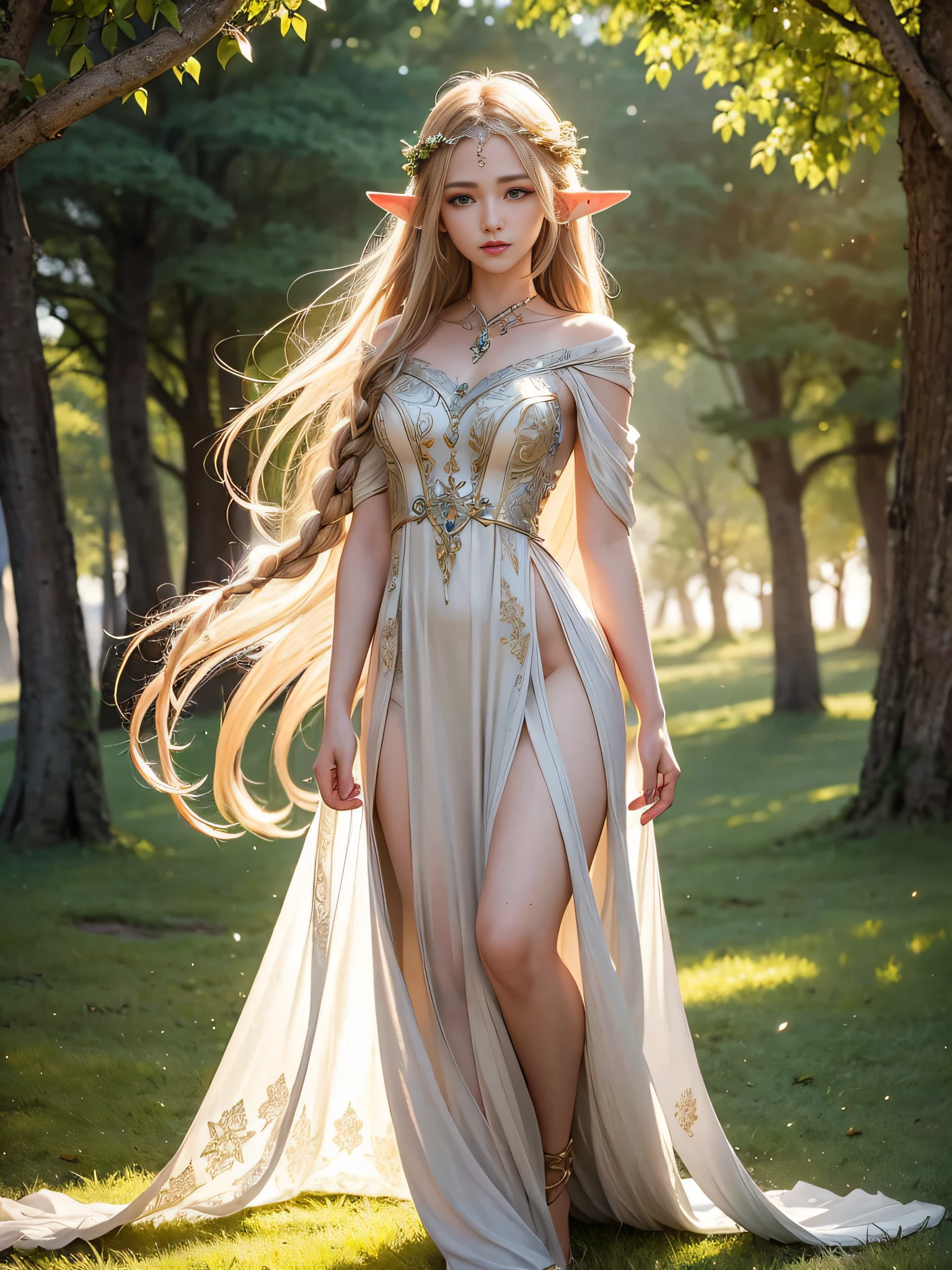 Graceful elven girl standing in meadow, Delicate face illuminated by the soft light of the setting sun. Her long, Flowing hair runs down your back, Decorated with intricate braids、Adorned with sparkling gemstones. This great photo is、、、It captures the ethereal beauty of elves. Slender figure in silk dress、Swaying in the soft steppe breeze. Attention to detail、Face that is、Face that is、Face that is、Face that is、It is evident in the intricate patterns of the dress and the subtle highlights of the luminescence. skin. The breathtaking portrayal of the elven girl is、、、、、Create an enchanting atmosphere、It invites the viewer to a magical world.