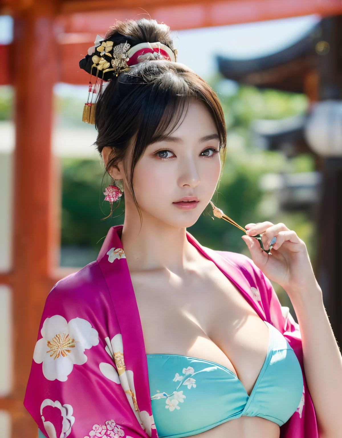 (top-quality、8K、32K、masterpiece、超A high resolution、((maikurobikini)),(Colossal tits)、(((cleavage of the breast))),((extremely heavy breasts)),(Login Hair)、abdominals、the perfect body、(((Armpit))),((oiran woman)), Delicate facial features, Ultra-realistic, Hyper-realistic, 鎖骨、Shadow、octan render、((maikurobikini)),((Wear a beautiful kimono with a high degree of exposure)),hyperdetailed face、Detailed lips、finely eye、二重まぶた、(魅惑的)、((agitation:1.5))、maikurobikini、((Navel))、((Female ninja)),Kunoichi Ninja、Mystical expression、shrine background、Old Town of Japan、((heavy breasts)),Toostock、mecosuji、Kimono with colorful floral pattern、highcontrast、(((Brightly colored kimono))),heavy breasts、((Glamorous Jar)).((Take a variety of sexy poses)),flicker、Kimono comes off、Natural light、cyan colors、