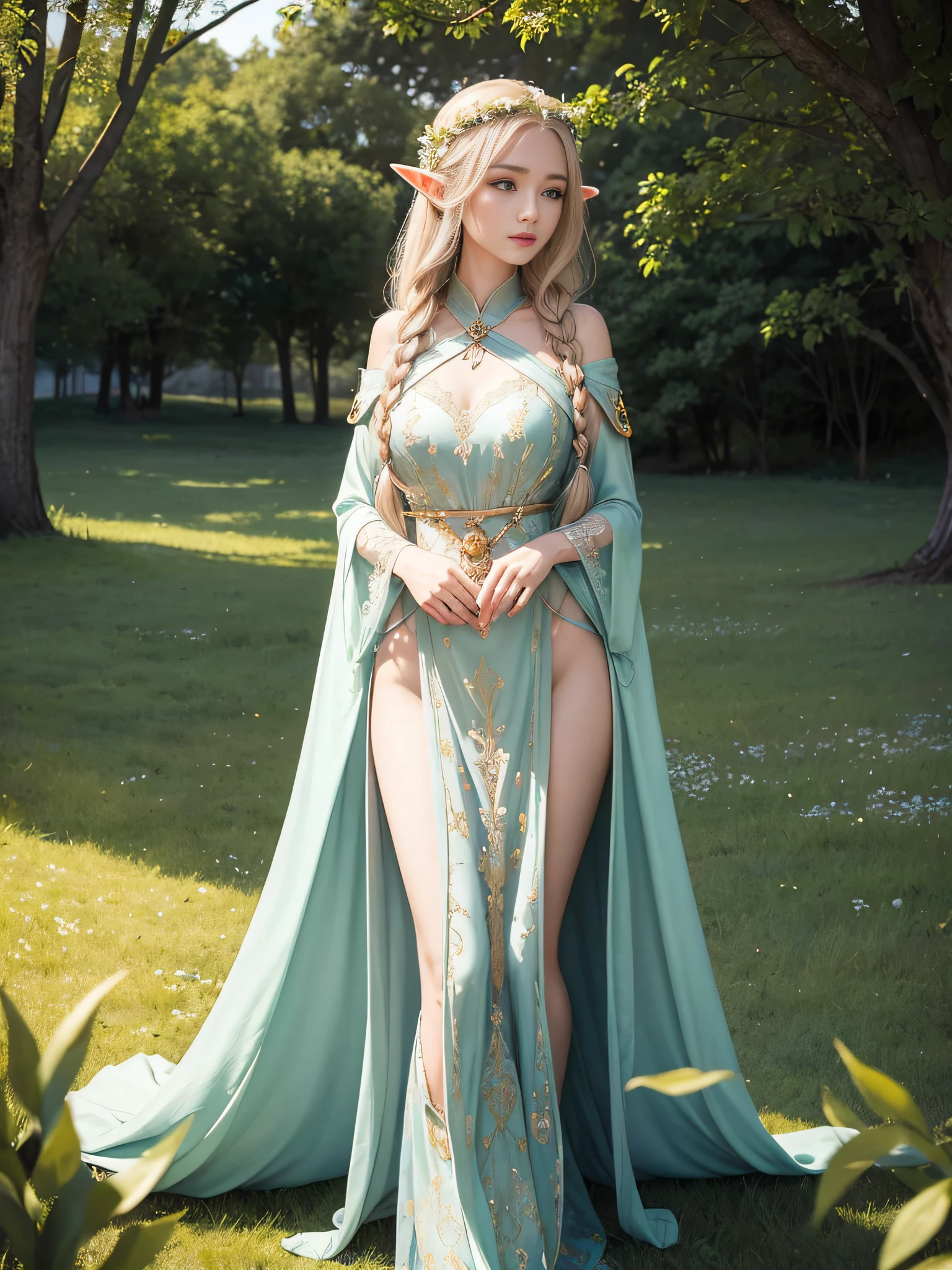 Graceful elven girl standing in meadow, Delicate face illuminated by the soft light of the setting sun. Her long, Flowing hair runs down your back, Decorated with intricate braids、Adorned with sparkling gemstones. This great photo is、、、It captures the ethereal beauty of elves. Slender figure in silk dress、Swaying in the soft steppe breeze. Attention to detail、Face that is、Face that is、Face that is、Face that is、It is evident in the intricate patterns of the dress and the subtle highlights of the luminescence. skin. The breathtaking portrayal of the elven girl is、、、、、Create an enchanting atmosphere、It invites the viewer to a magical world.