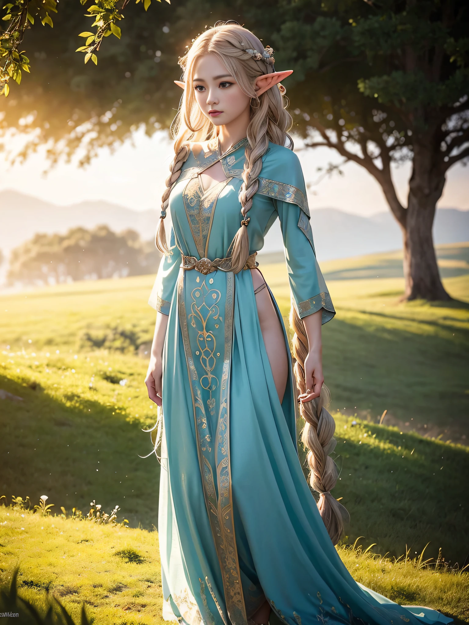 Graceful elven girl standing in meadow, Delicate face illuminated by the soft light of the setting sun. Her long, Flowing hair runs down your back, Decorated with intricate braids、Adorned with sparkling gemstones. This great photo is、、、It captures the ethereal beauty of elves. Slender figure in silk dress、Swaying in the soft steppe breeze. Attention to detail、Face that is、Face that is、Face that is、Face that is、It is evident in the intricate patterns of the dress and the subtle highlights of the luminescence. skin. The breathtaking portrayal of the elven girl is、、、、、Create an enchanting atmosphere、It invites the viewer to a magical world.