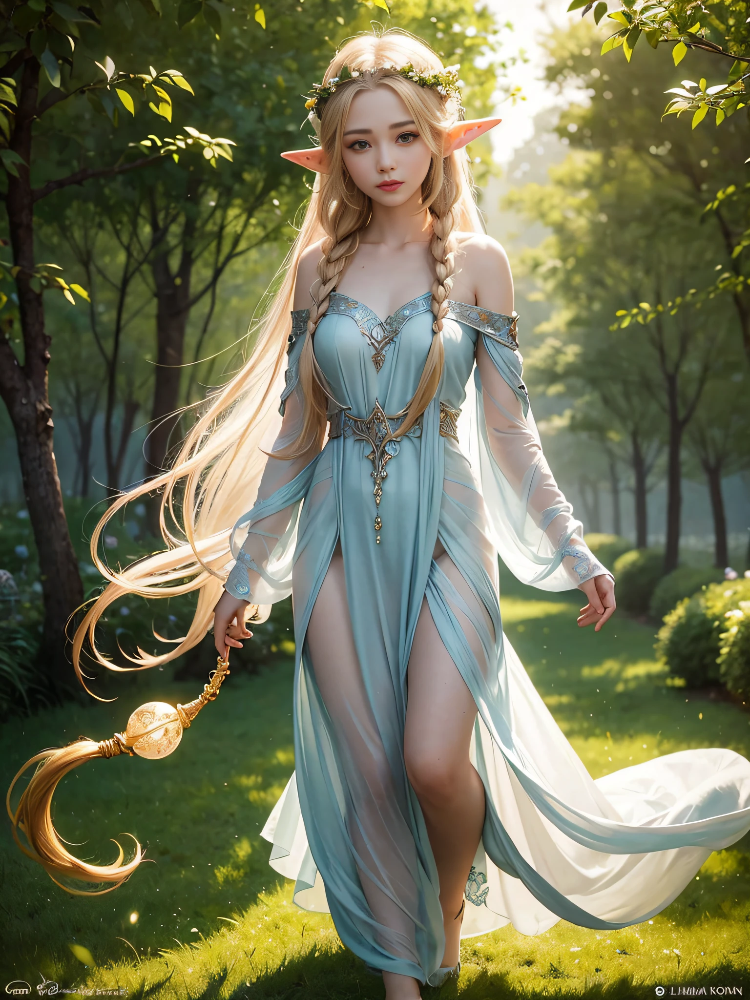 Graceful elven girl standing in meadow, Delicate face illuminated by the soft light of the setting sun. Her long, Flowing hair runs down your back, Decorated with intricate braids、Adorned with sparkling gemstones. This great photo is、、、It captures the ethereal beauty of elves. Slender figure in silk dress、Swaying in the soft steppe breeze. Attention to detail、Face that is、Face that is、Face that is、Face that is、It is evident in the intricate patterns of the dress and the subtle highlights of the luminescence. skin. The breathtaking portrayal of the elven girl is、、、、、Create an enchanting atmosphere、It invites the viewer to a magical world.