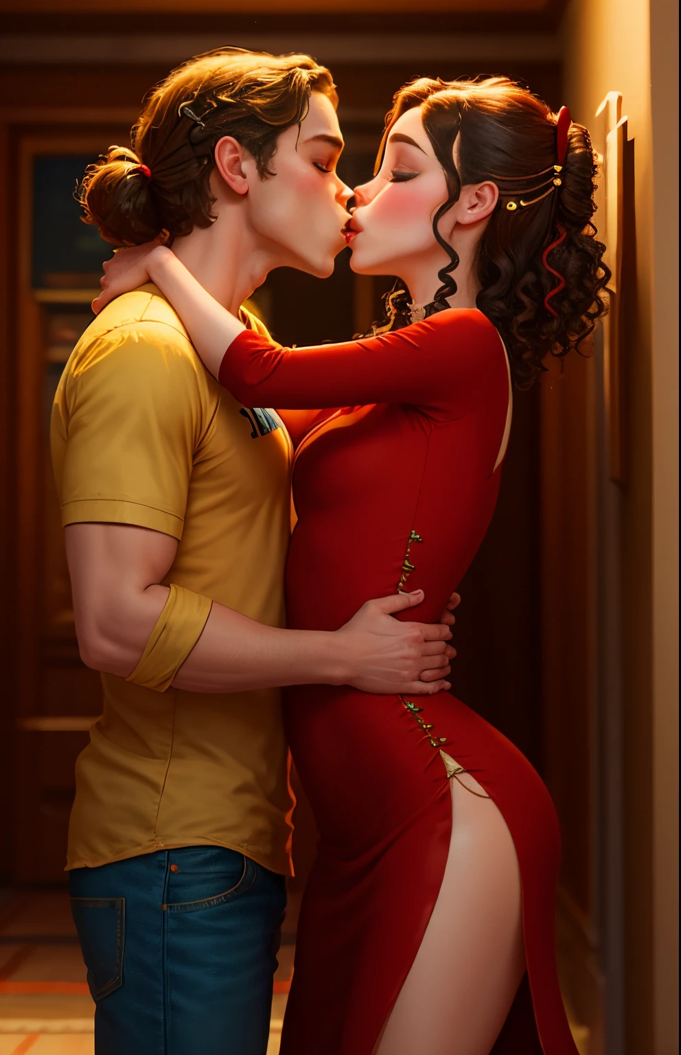 DISNEY PIXAR
The girl in sexy red dress ,have semi curl hair with hairpin facing side view to the boy giving a kiss for his checks 3D