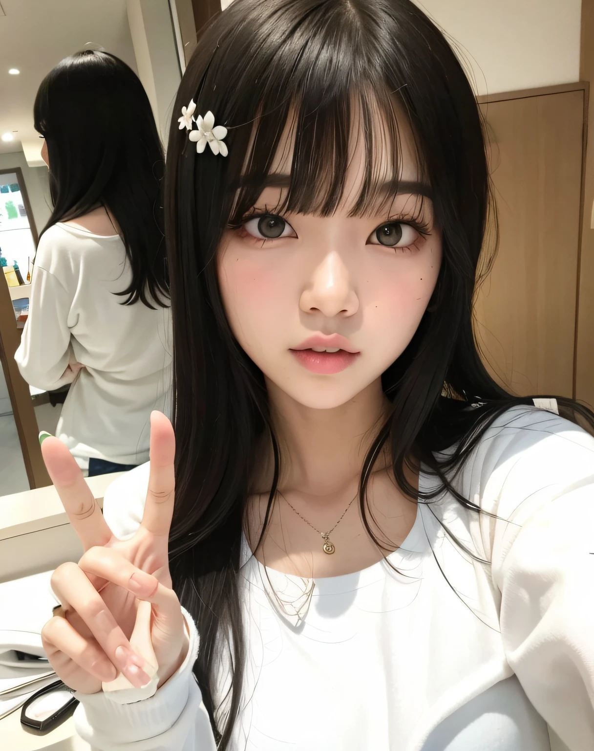 There is a woman who is making a peace sign with her hand, Ulzzang, Lalisa Manobal, Lalisa Manoban do Blackpink, Jinyoung Canela, Ela tem cabelo preto com franja, Sakimichan, wan adorable korean face, Jaeyeon Nam, O corte Hime, Fotografia selfie 8k, Franja reta longa, maquiagem sul-coreana popular